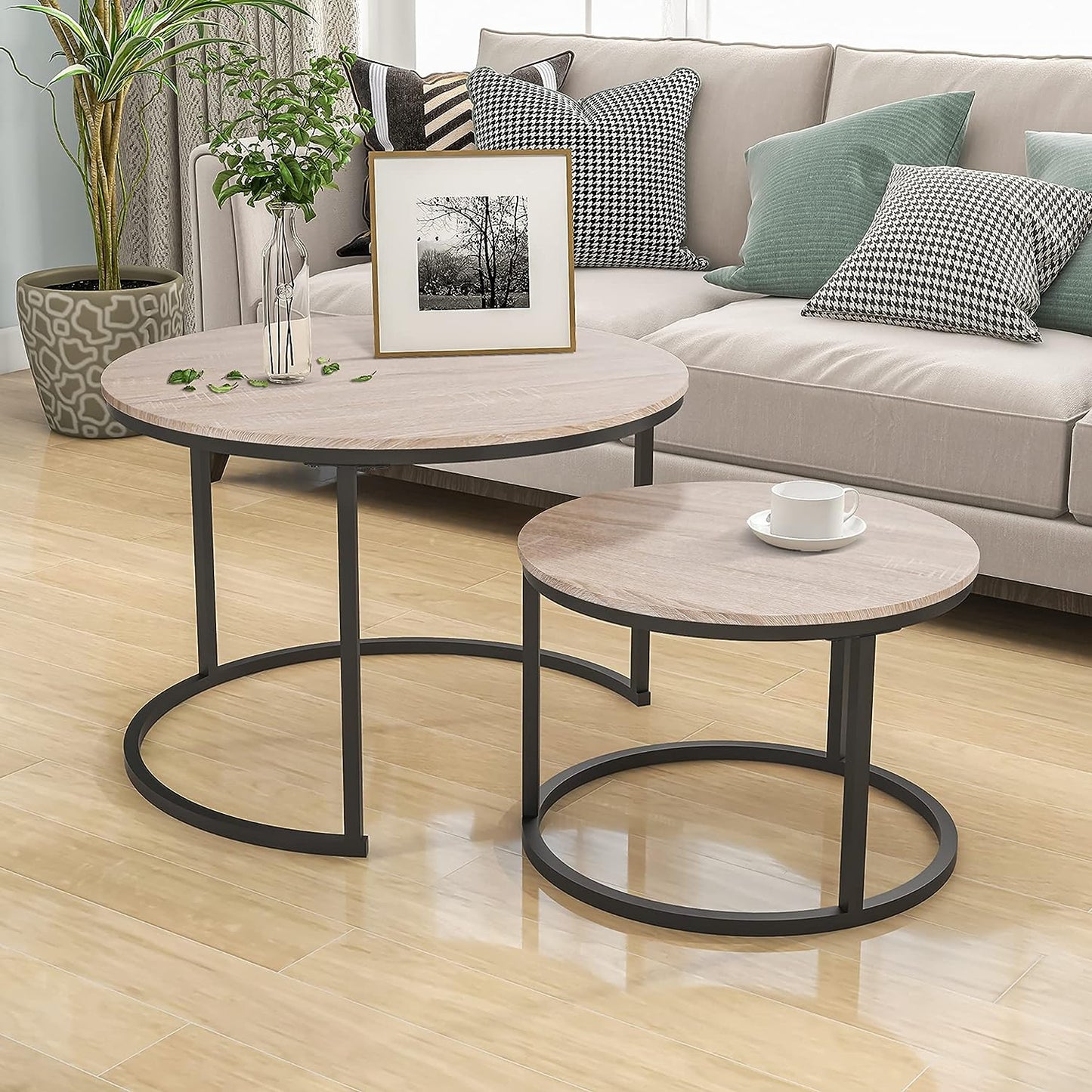 Industrial round Coffee Table Set of 2 End Table for Living Room,Stacking Side Tables, Sturdy and Easy Assembly,Wood Look Accent Furniture with Metal Frame,Black+Teak Oak