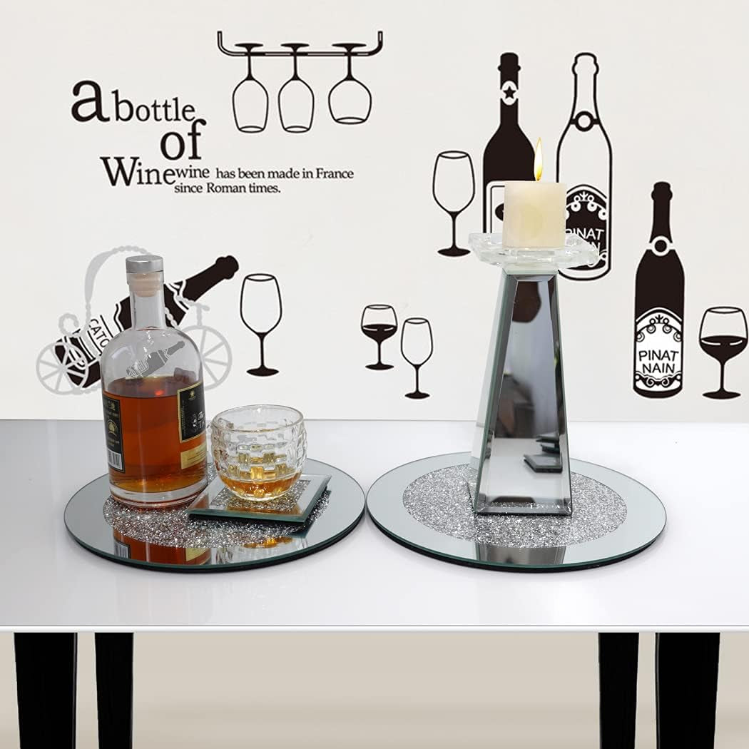 Glass Mirrored Mat, Crushed Diamond round Cup Mats 10" Decor on Tabletop for Bar Tools Dining Table