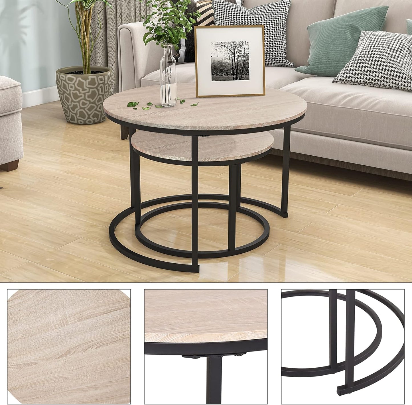 Industrial round Coffee Table Set of 2 End Table for Living Room,Stacking Side Tables, Sturdy and Easy Assembly,Wood Look Accent Furniture with Metal Frame,Black+Teak Oak