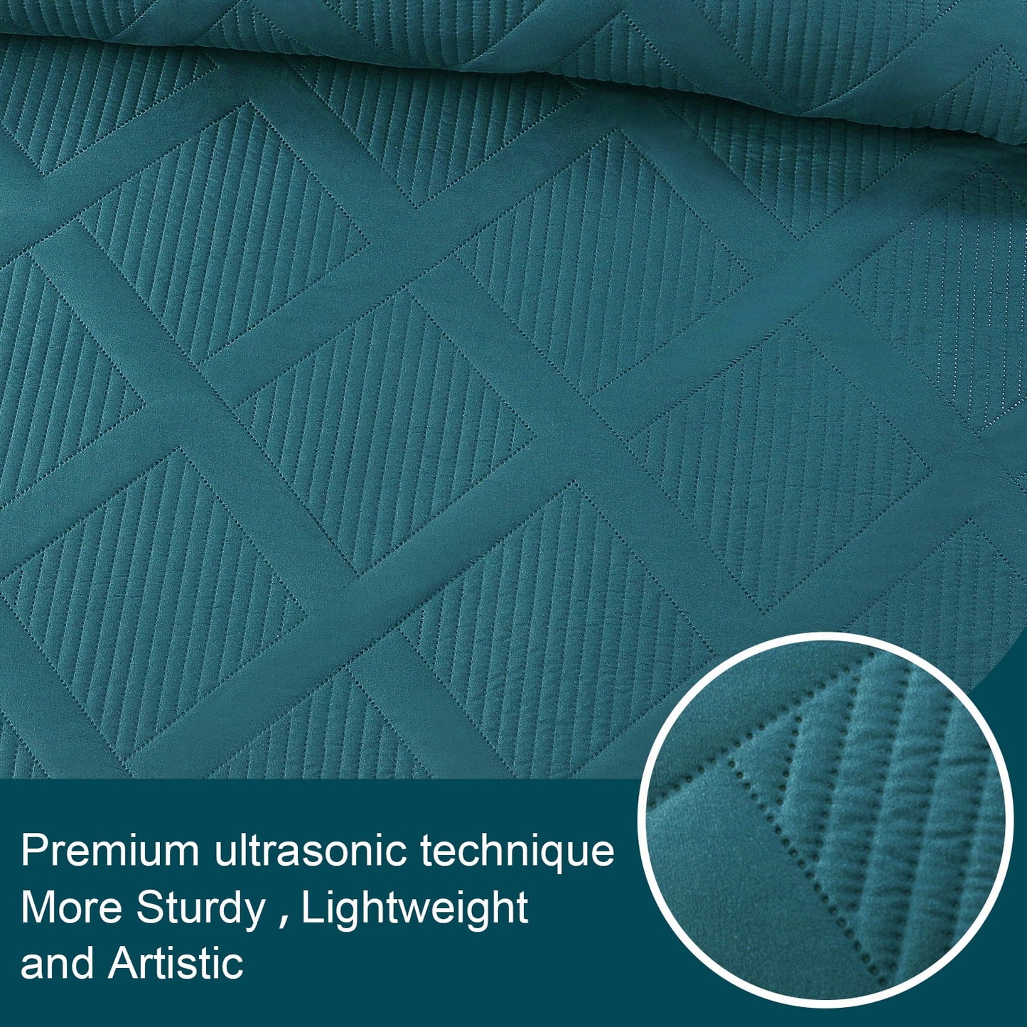 Ultrasonic King Quilt Set, 3-Piece Lightweight Bedspreads Modern Striped Coverlet, Teal