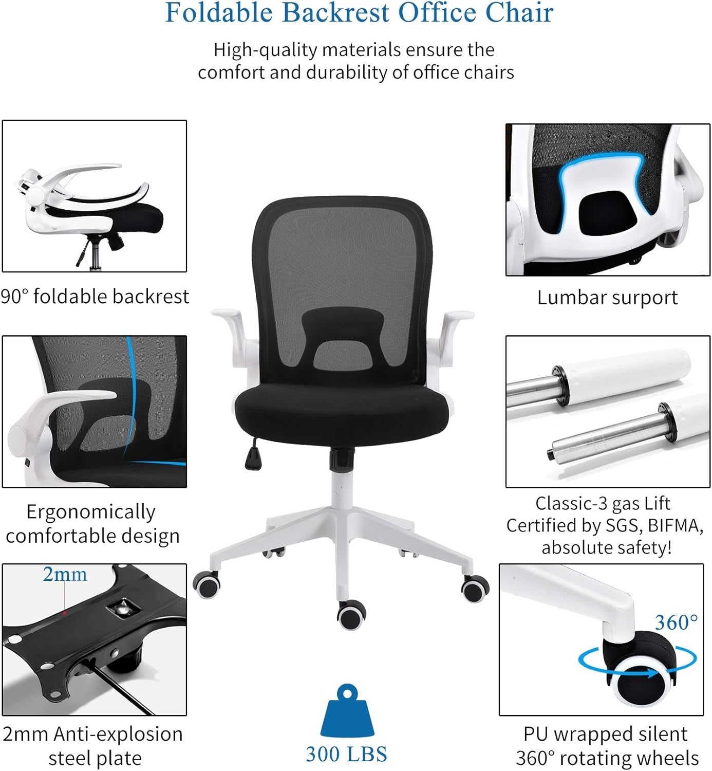 Foldable Office Chair - Home Office Desk Chairs with Wheels and Flip-Up Arms - Foldable Backrest Mesh Computer Chair Adjustable Swivel Rolling Home Executive (White)