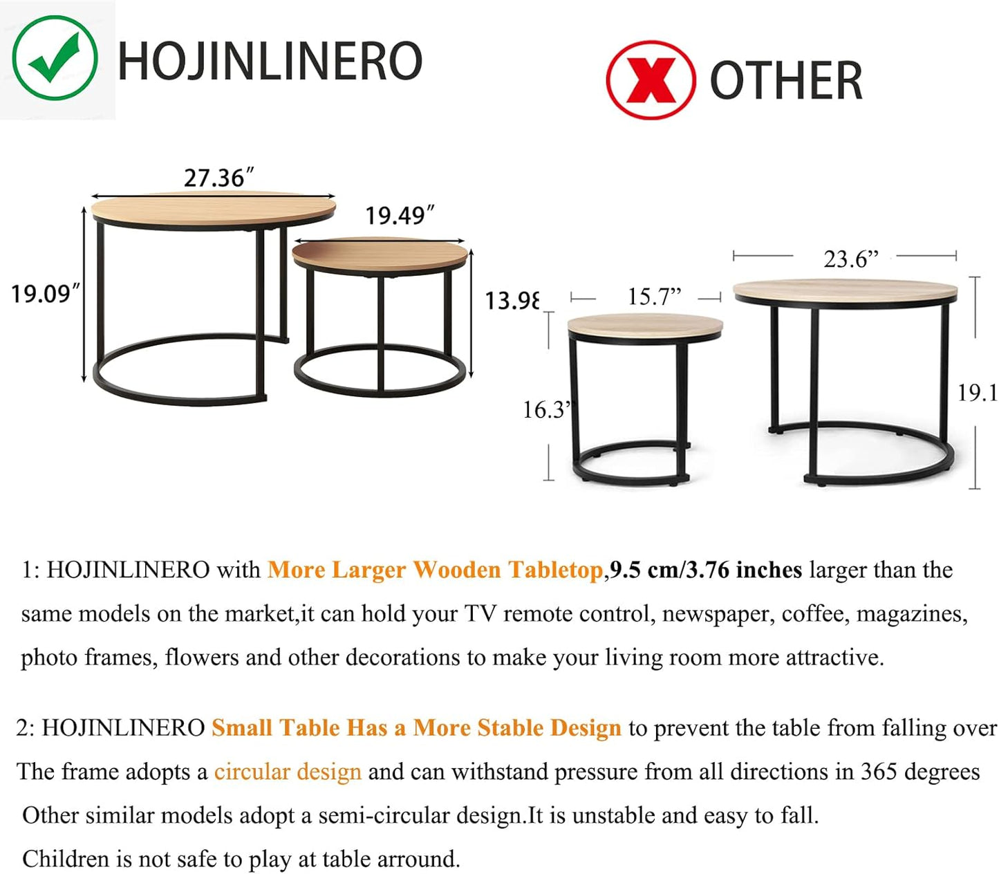 Industrial round Coffee Table Set of 2 End Table for Living Room,Stacking Side Tables, Sturdy and Easy Assembly,Wood Look Accent Furniture with Metal Frame,Black+Teak Oak