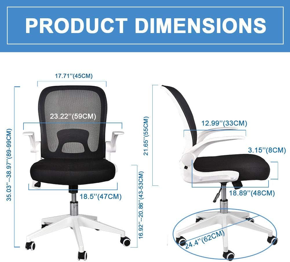 Foldable Office Chair - Home Office Desk Chairs with Wheels and Flip-Up Arms - Foldable Backrest Mesh Computer Chair Adjustable Swivel Rolling Home Executive (White)