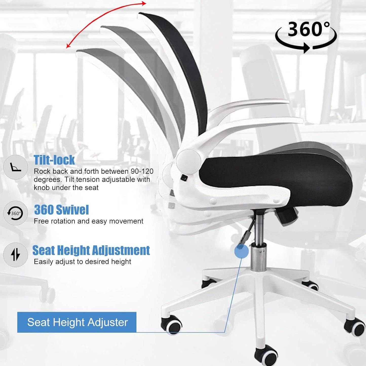Foldable Office Chair - Home Office Desk Chairs with Wheels and Flip-Up Arms - Foldable Backrest Mesh Computer Chair Adjustable Swivel Rolling Home Executive (White)