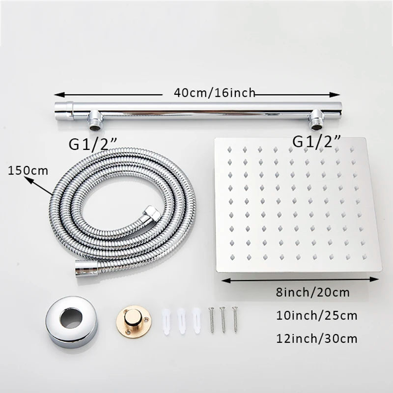 8/10/12 Inch Ultra-thin Wall Mount Rainfall Shower Head With 16inch Stainless Steel Shower Arm