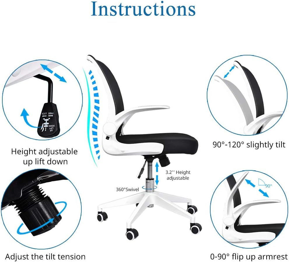Foldable Office Chair - Home Office Desk Chairs with Wheels and Flip-Up Arms - Foldable Backrest Mesh Computer Chair Adjustable Swivel Rolling Home Executive (White)