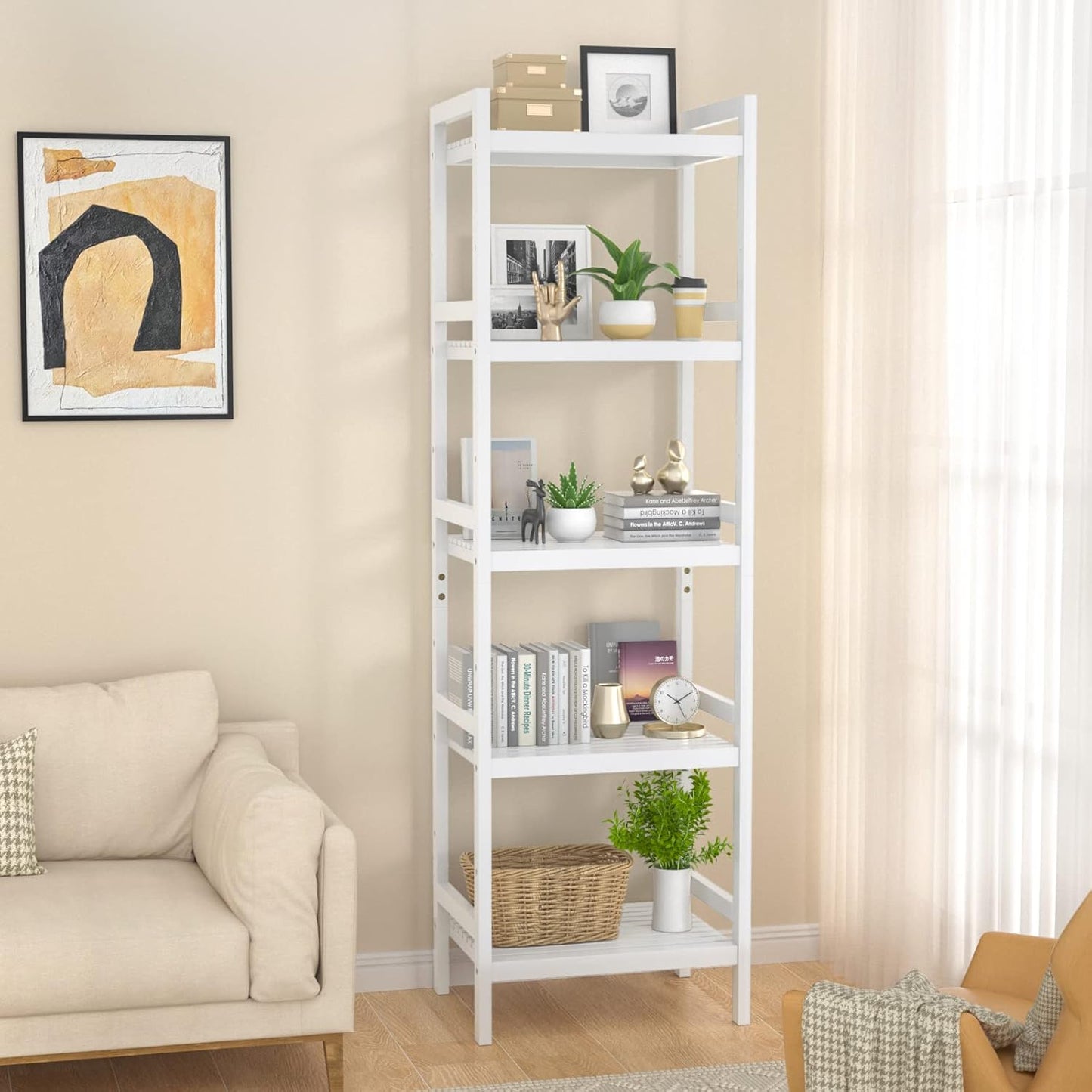 Bamboo Bookshelf, 5-Tier Narrow 55.9” Adjustable Book Shelf Bookcase Bathroom Shelves Freestanding Storage Stand for Living Room, Bedroom, Kitchen, Rust Resistance, Easy Assembly, White