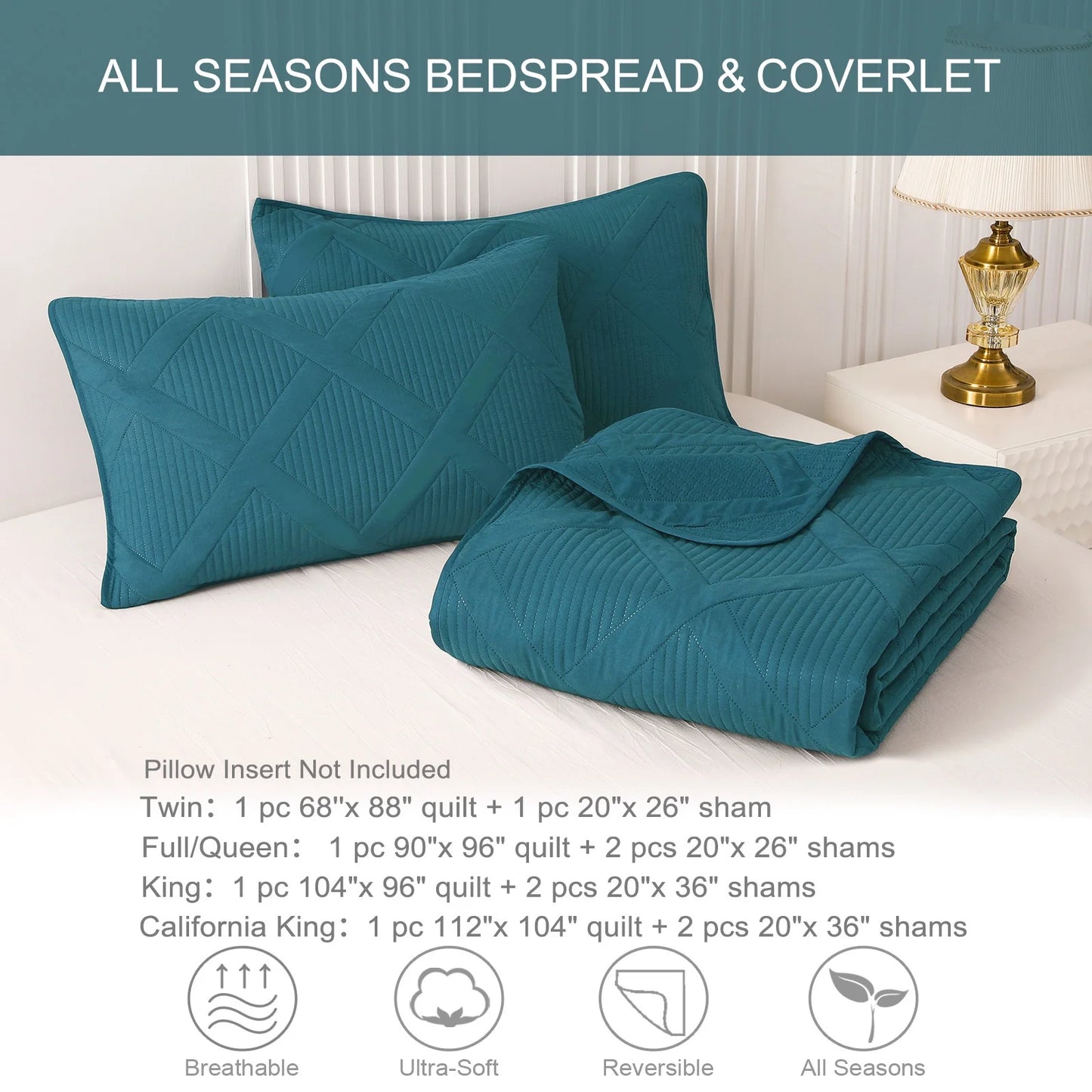 Ultrasonic King Quilt Set, 3-Piece Lightweight Bedspreads Modern Striped Coverlet, Teal