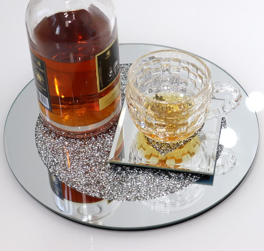 Glass Mirrored Mat, Crushed Diamond round Cup Mats 10" Decor on Tabletop for Bar Tools Dining Table