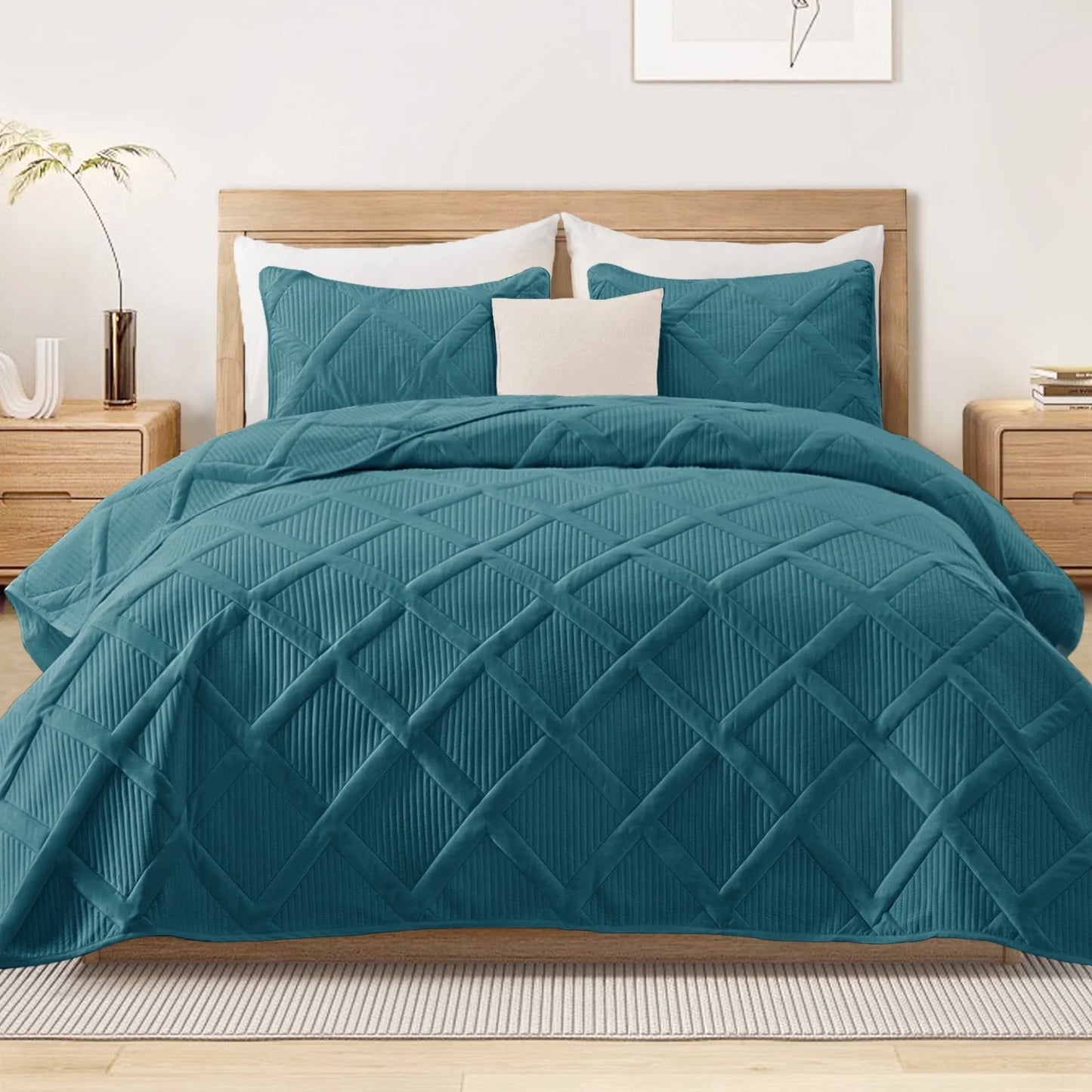Ultrasonic King Quilt Set, 3-Piece Lightweight Bedspreads Modern Striped Coverlet, Teal