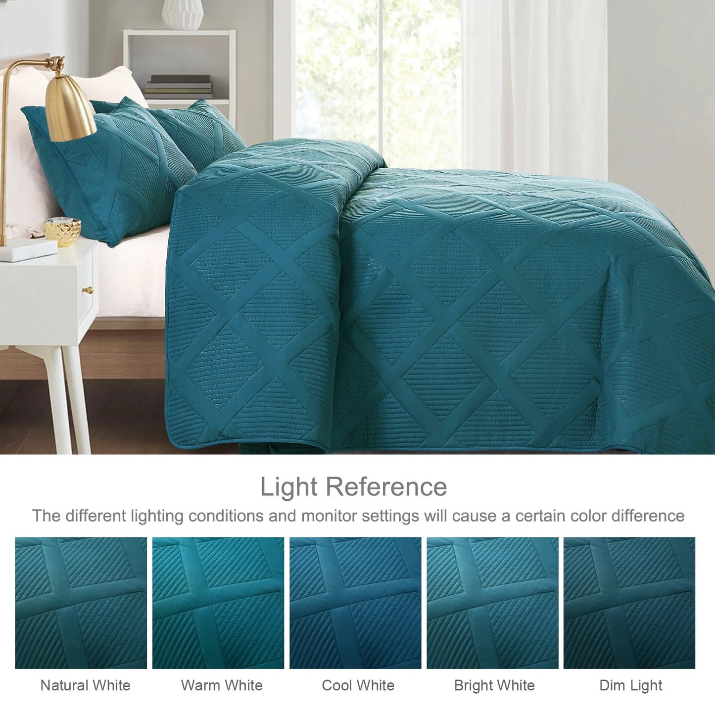 Ultrasonic King Quilt Set, 3-Piece Lightweight Bedspreads Modern Striped Coverlet, Teal