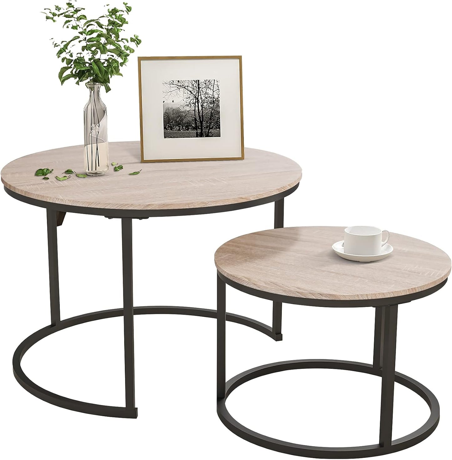 Industrial round Coffee Table Set of 2 End Table for Living Room,Stacking Side Tables, Sturdy and Easy Assembly,Wood Look Accent Furniture with Metal Frame,Black+Teak Oak
