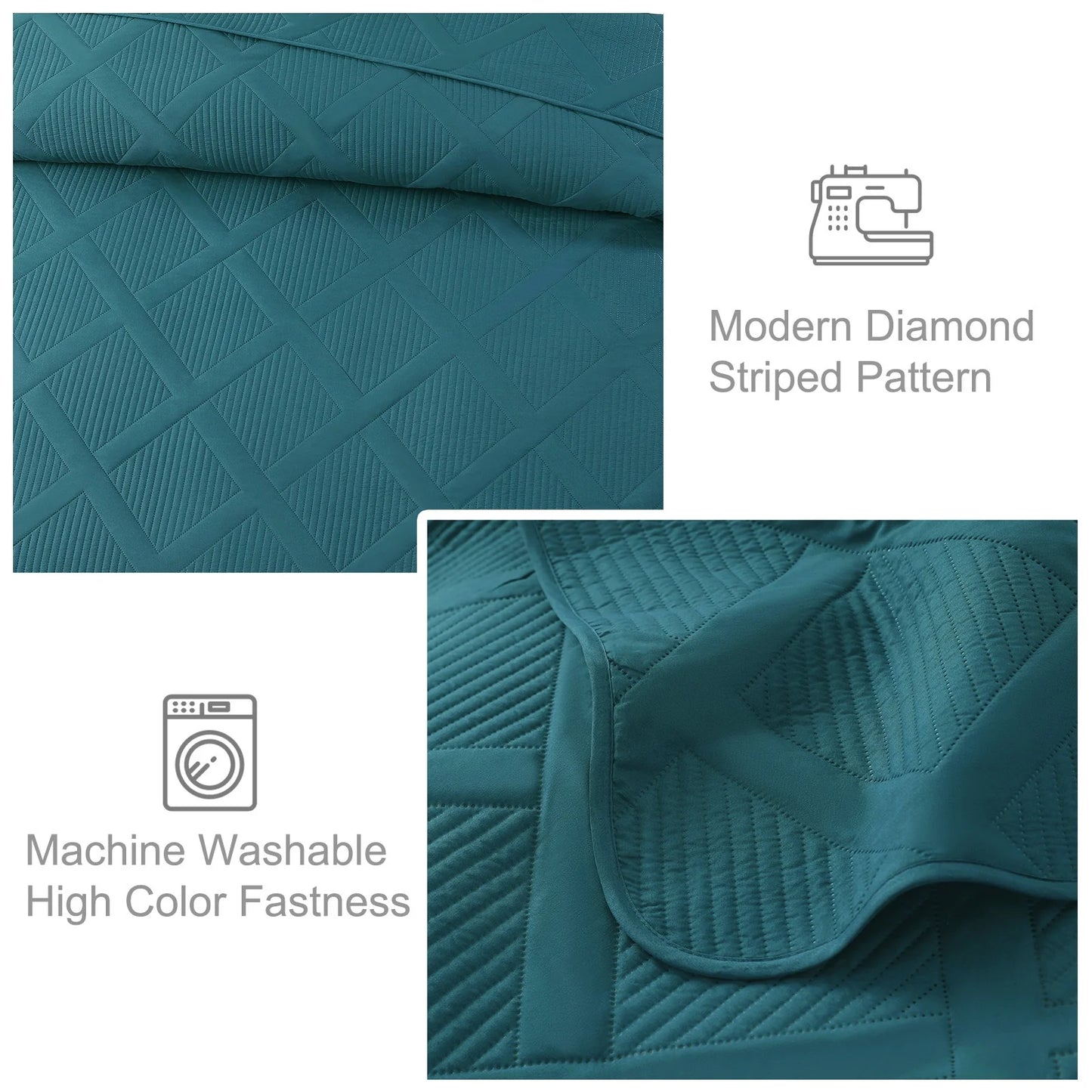 Ultrasonic King Quilt Set, 3-Piece Lightweight Bedspreads Modern Striped Coverlet, Teal