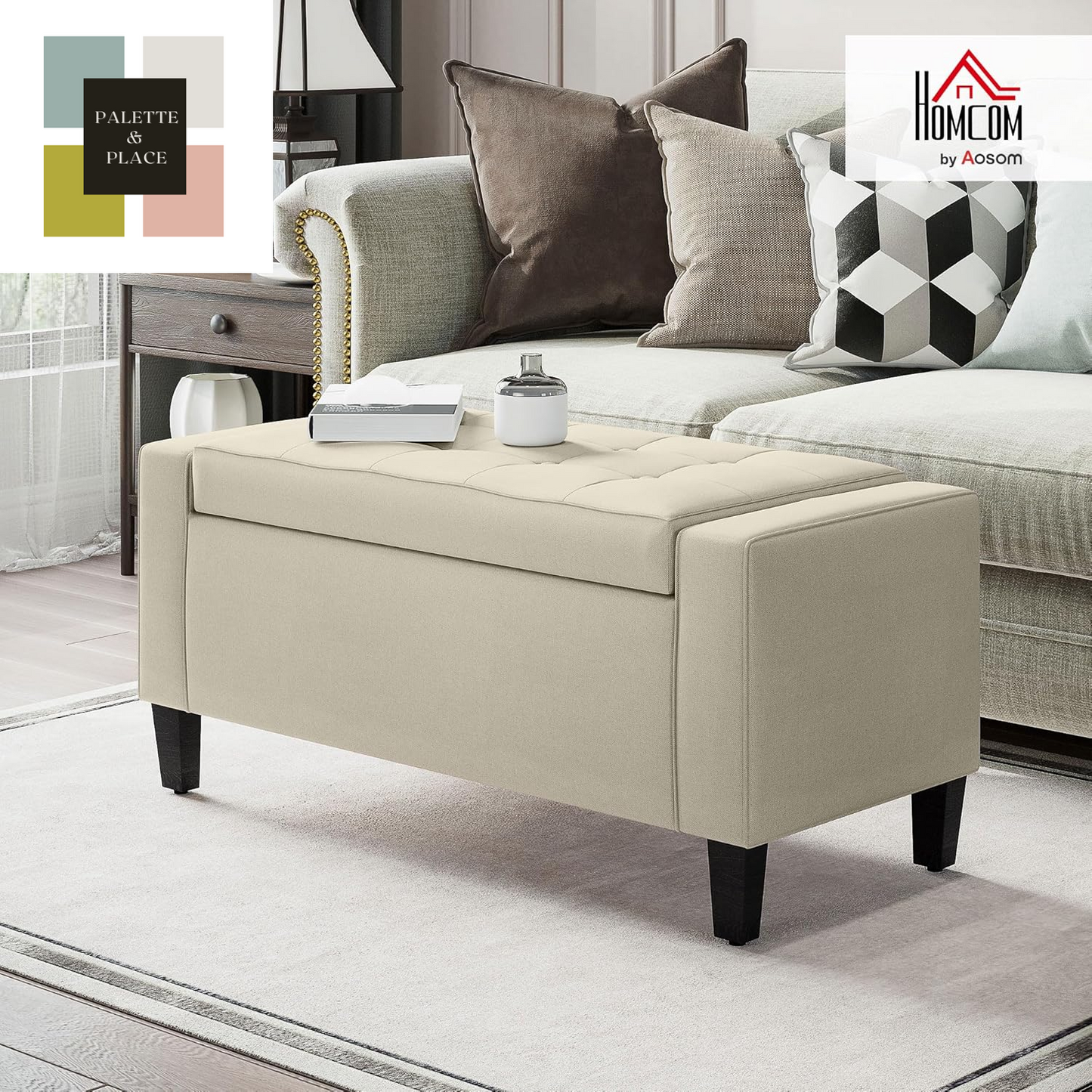 HOMCOM Storage Ottoman, Linen Upholstered Storage Bench with Lift Top and Button Tufted for Living Room, Beige