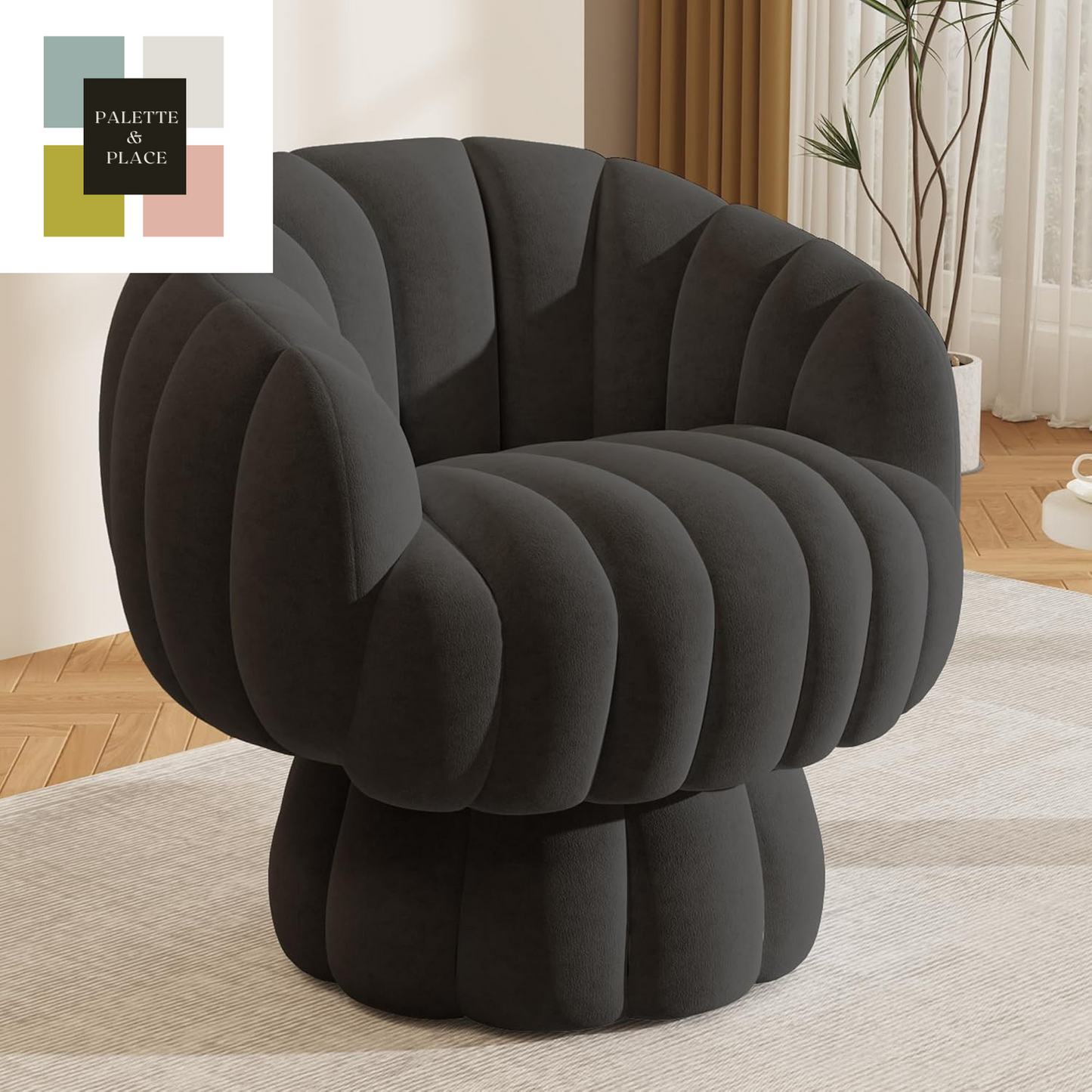 Mid Century Modern 360 Degree Barrel Swivel Accent Sofa Chair,Fluffy Velvet Fabric Lounge Wide Upholstered Pumpkin Reading Chair, round Cloud Armchair for Living Room,Bedroom,Vanity(Beige)