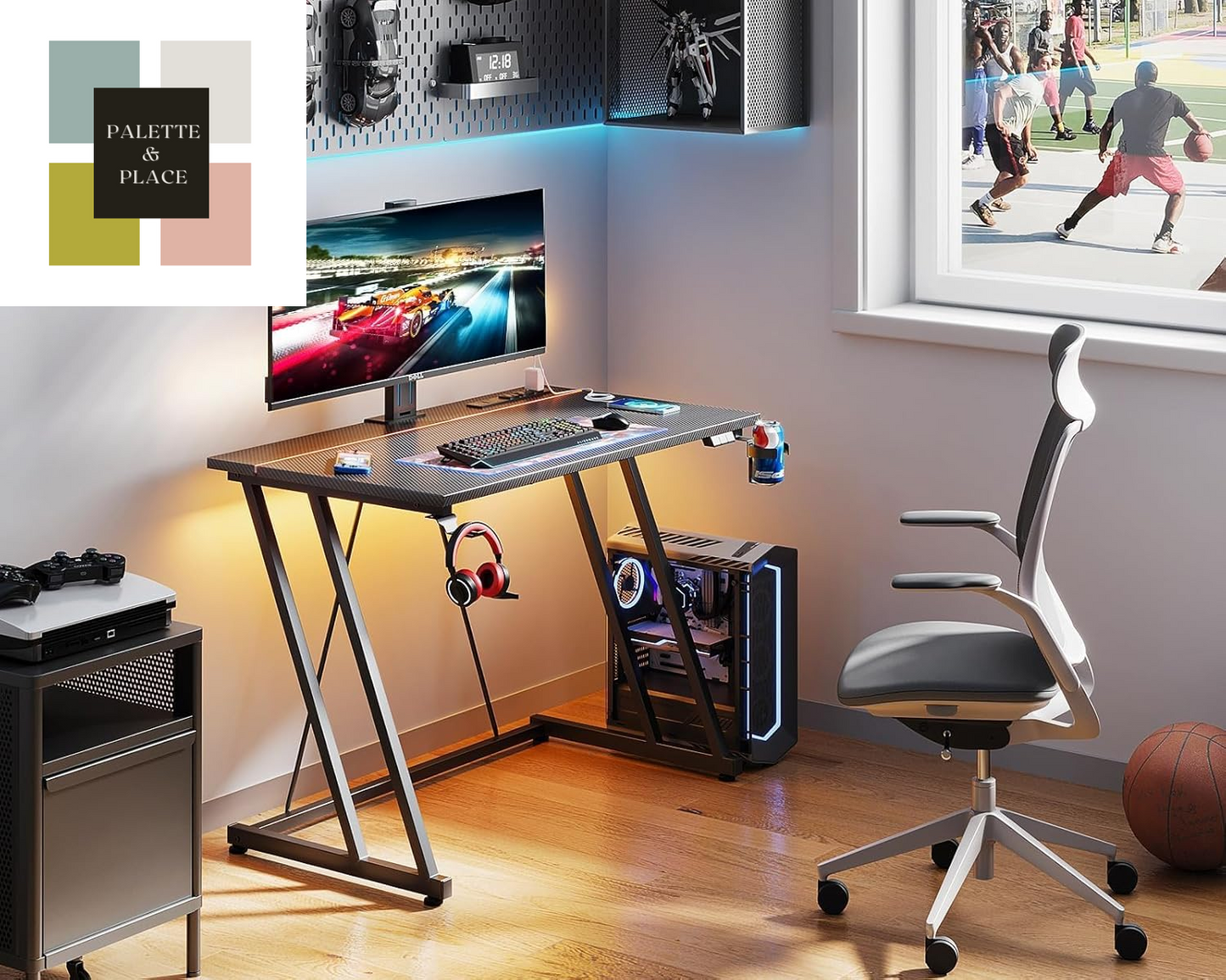 MOTPK 32 Inch Small Gaming Desk with LED Lights & Power Outlet, Computer Desk for Small Space, Gaming Table with Carbon Fiber Texture, Kids Desk Gift for Boys Men, Black