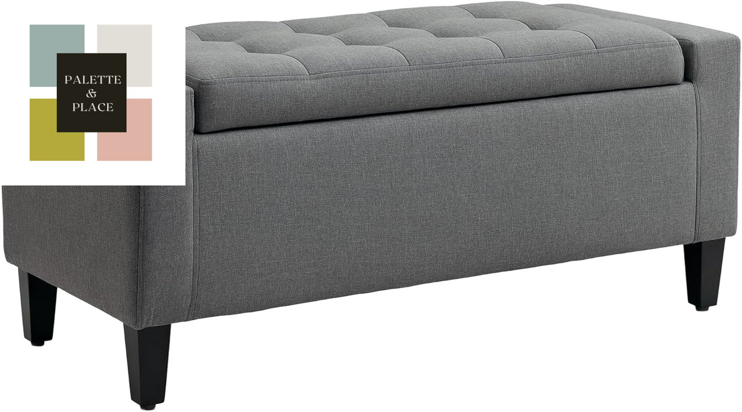 HOMCOM Storage Ottoman, Linen Upholstered Storage Bench with Lift Top and Button Tufted for Living Room, Beige