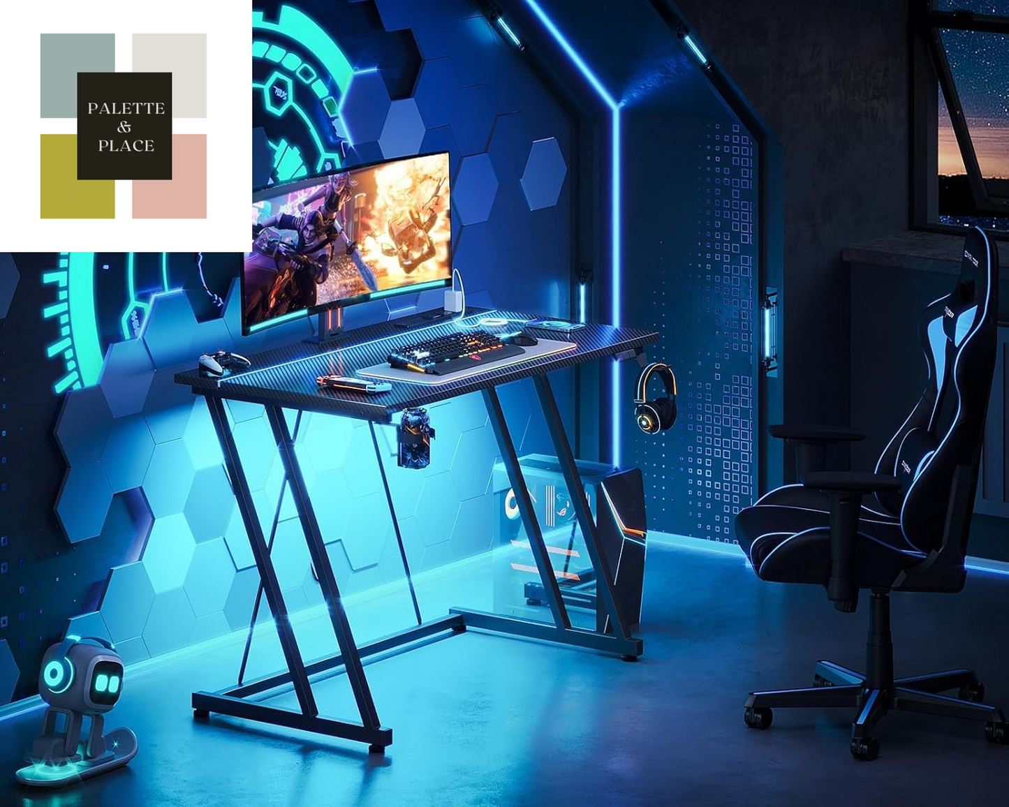 MOTPK 32 Inch Small Gaming Desk with LED Lights & Power Outlet, Computer Desk for Small Space, Gaming Table with Carbon Fiber Texture, Kids Desk Gift for Boys Men, Black