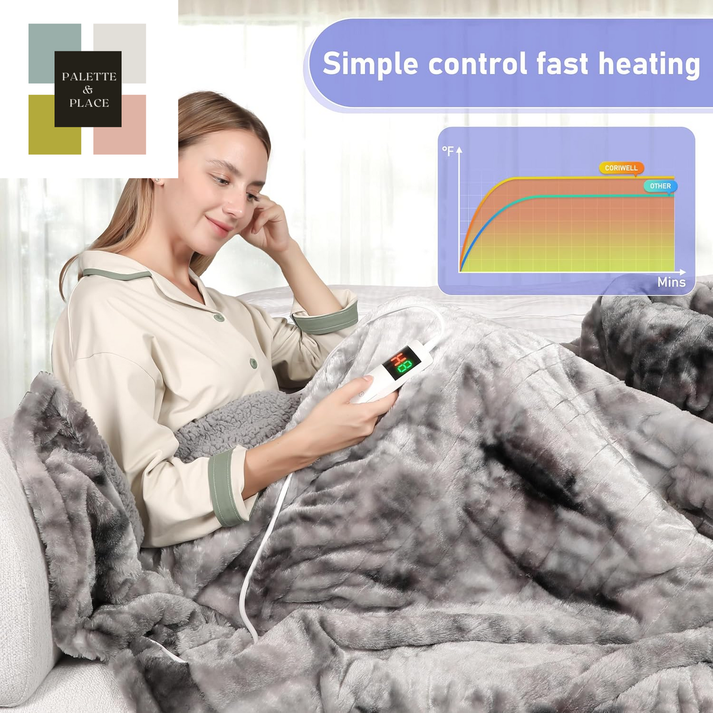 Electric Heated Blanket Throw 50''X60''Size Faux Fur Heating Blanket 10 Heating Settings, 1-8H Timer & Overheat Protection, Machine Washable, Soft Flannel and Sherpa Full Body Warmth