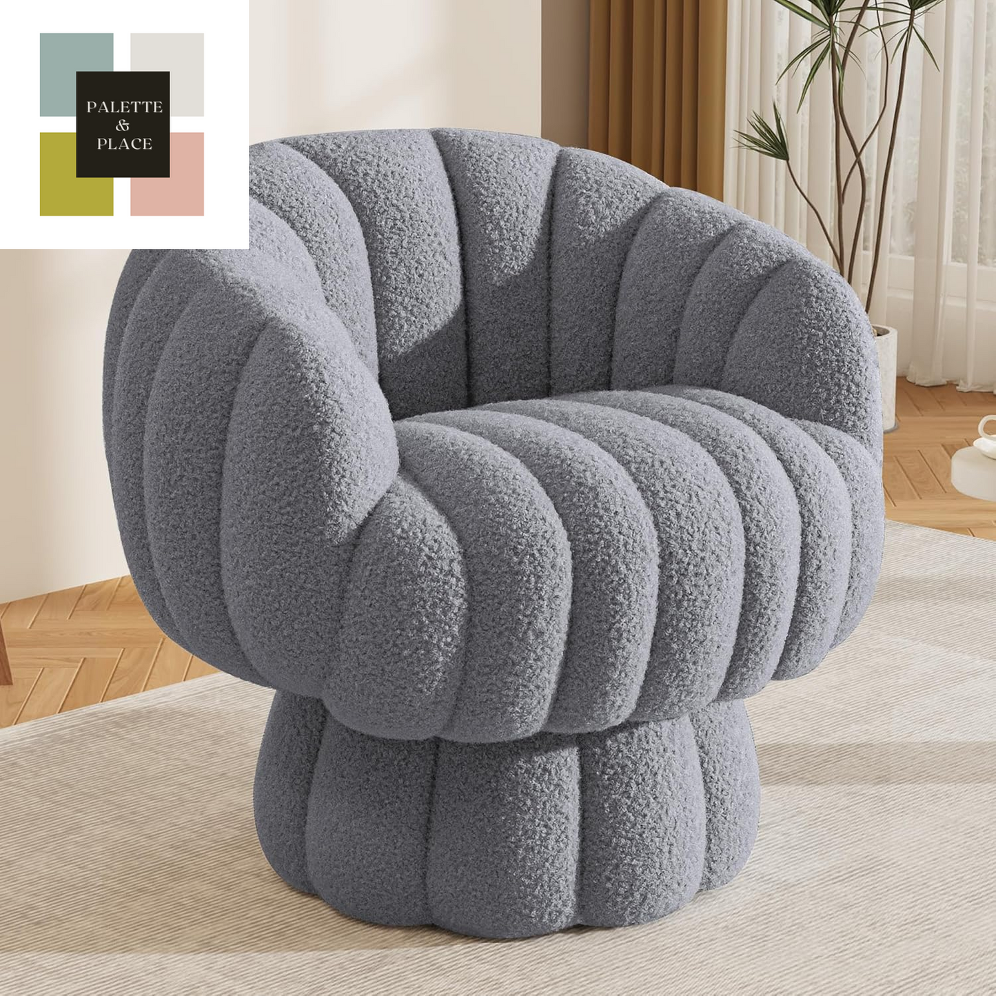 Mid Century Modern 360 Degree Barrel Swivel Accent Sofa Chair,Fluffy Velvet Fabric Lounge Wide Upholstered Pumpkin Reading Chair, round Cloud Armchair for Living Room,Bedroom,Vanity(Beige)