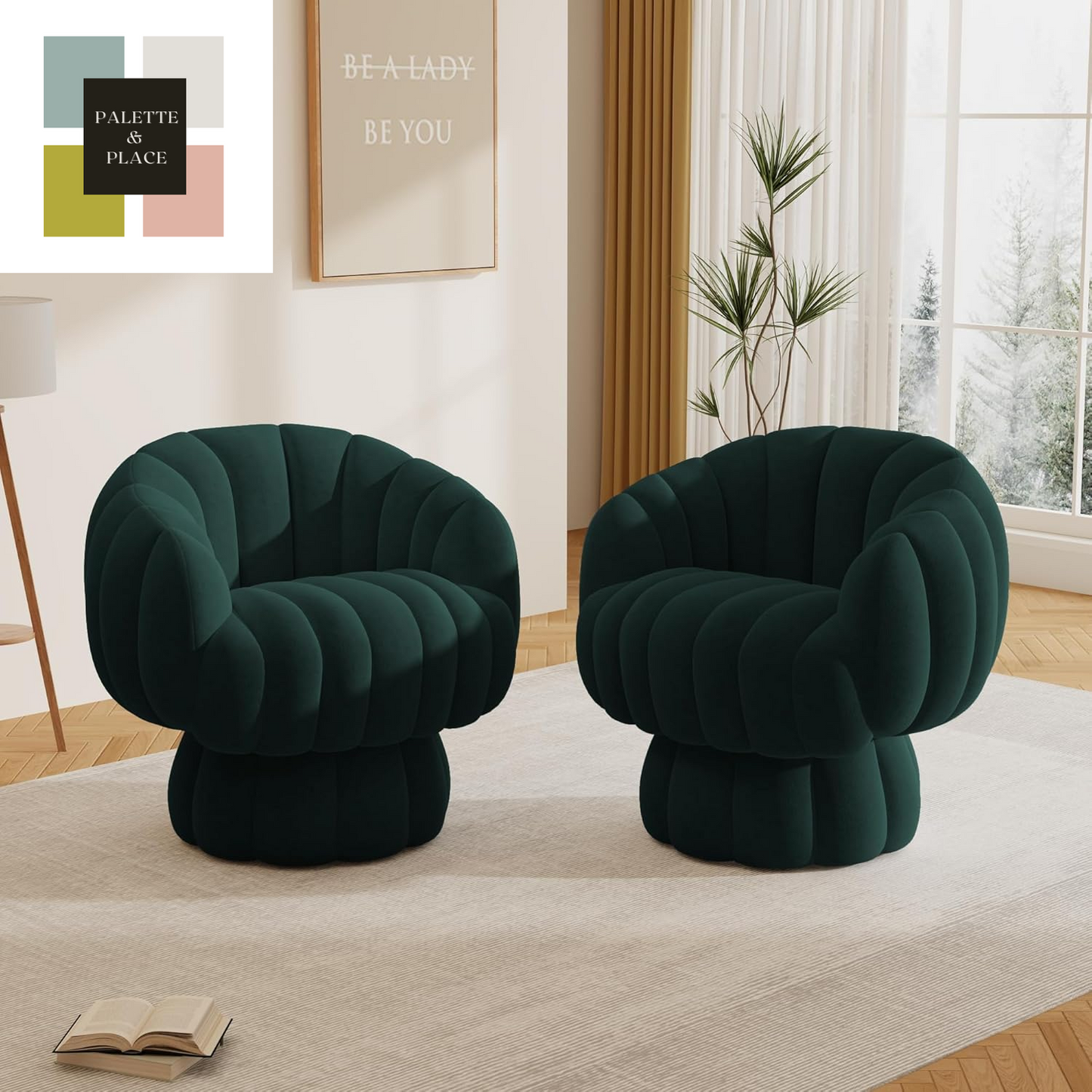 Mid Century Modern 360 Degree Barrel Swivel Accent Sofa Chair,Fluffy Velvet Fabric Lounge Wide Upholstered Pumpkin Reading Chair, round Cloud Armchair for Living Room,Bedroom,Vanity(Beige)