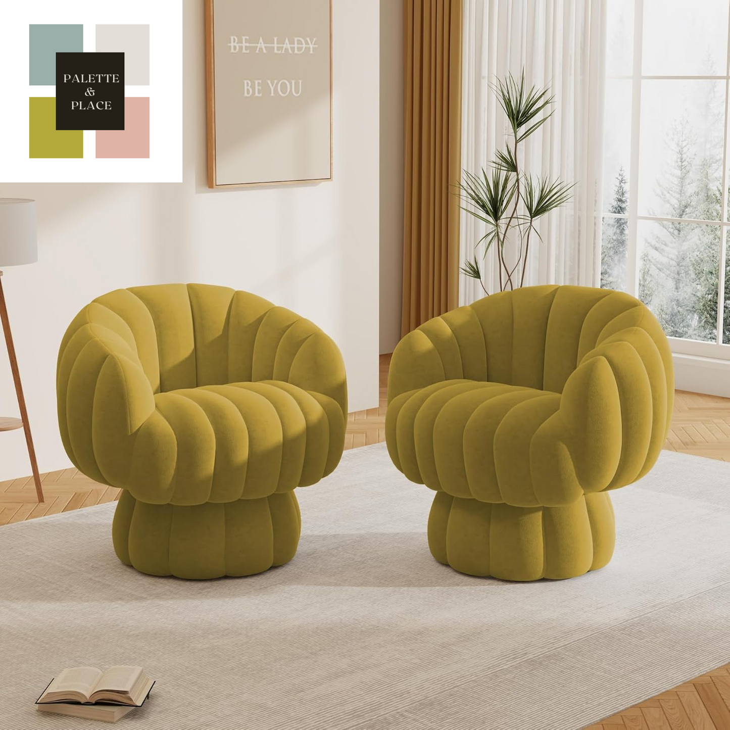 Mid Century Modern 360 Degree Barrel Swivel Accent Sofa Chair,Fluffy Velvet Fabric Lounge Wide Upholstered Pumpkin Reading Chair, round Cloud Armchair for Living Room,Bedroom,Vanity(Beige)