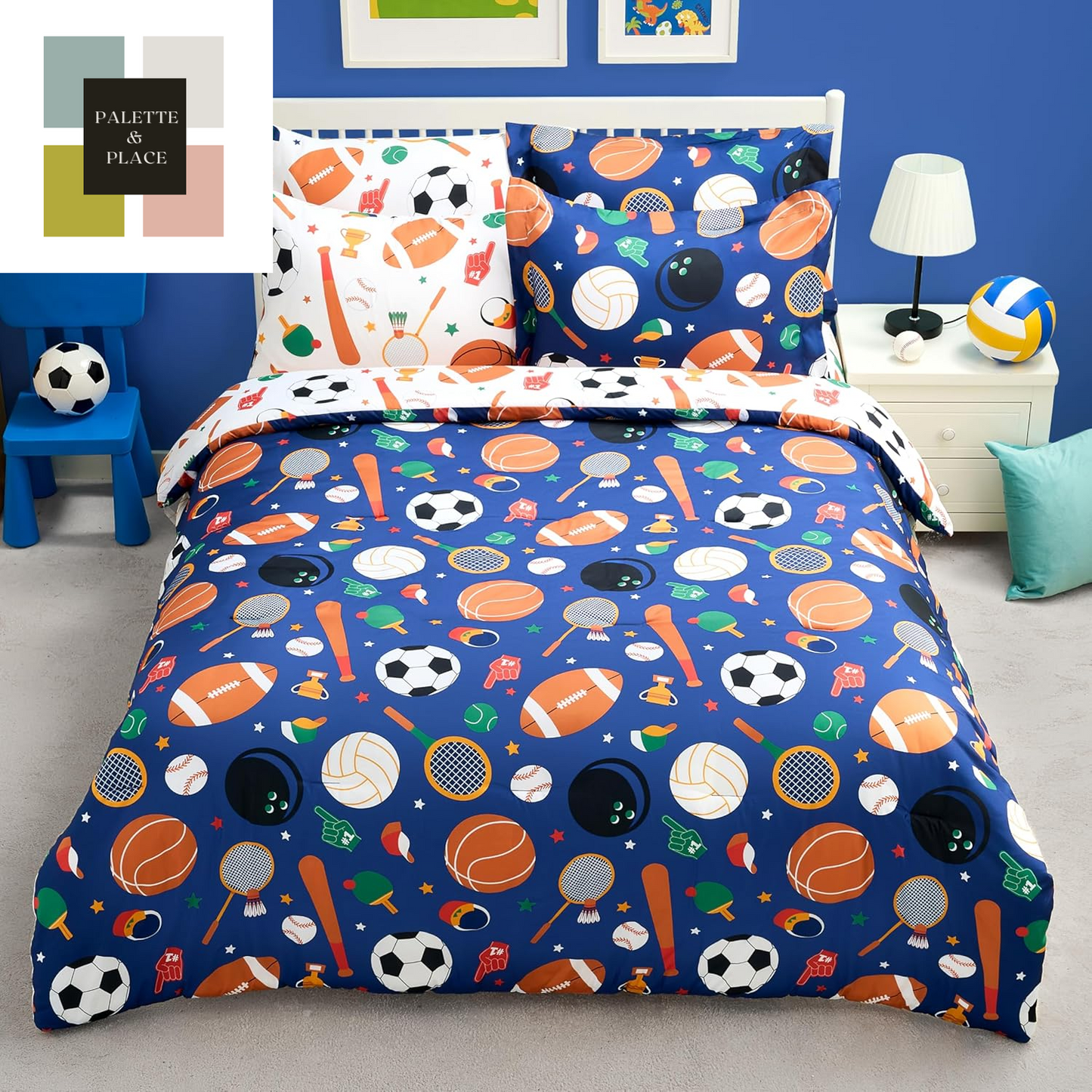 Joiedomi Kid Twin Comforter Set 5 Piece Ball Sports Bedding Set for Boys Girls Super Soft Microfiber Bed in a Bag with Comforter Sheets Pillowcase Sham