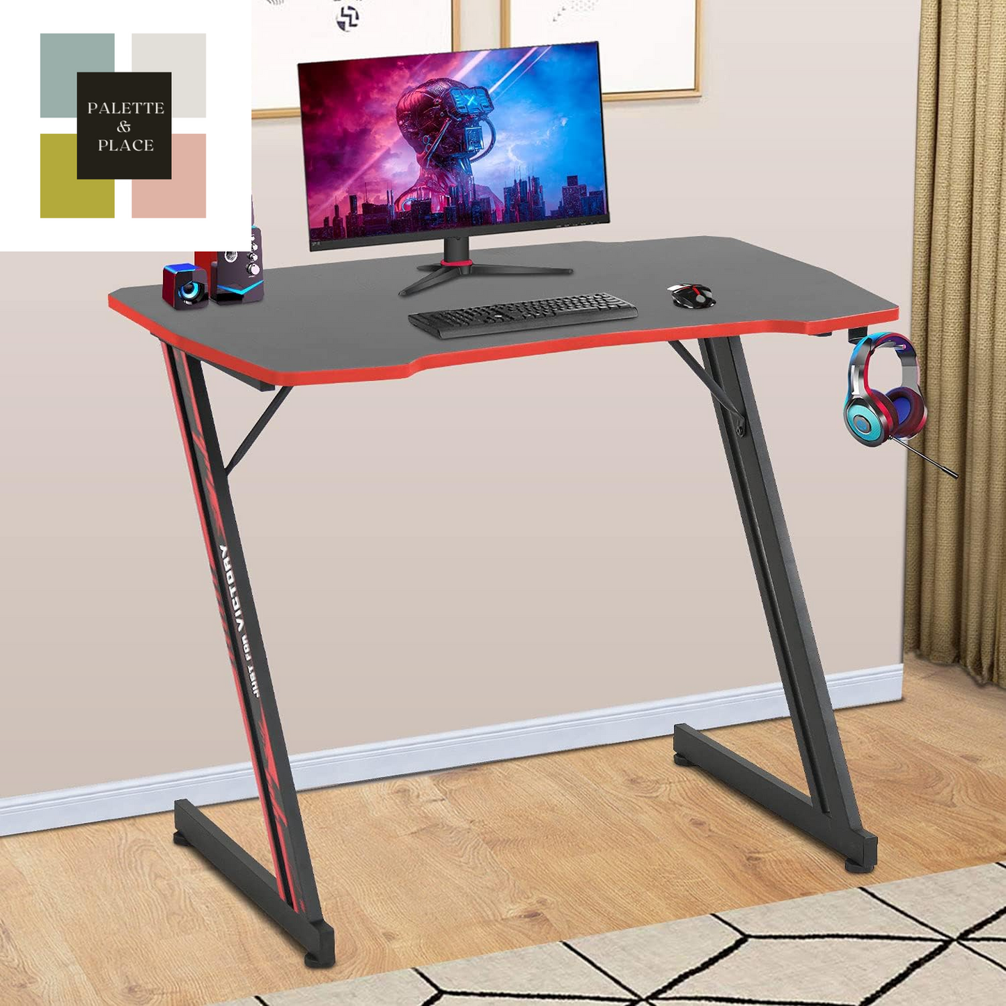 Bestoffice 39" Gmaing Desk Computer Gaming Desk Z Shaped Gaming Workstation Ergonomic Gaming Table with Headphone Hook for Game Players (Red)