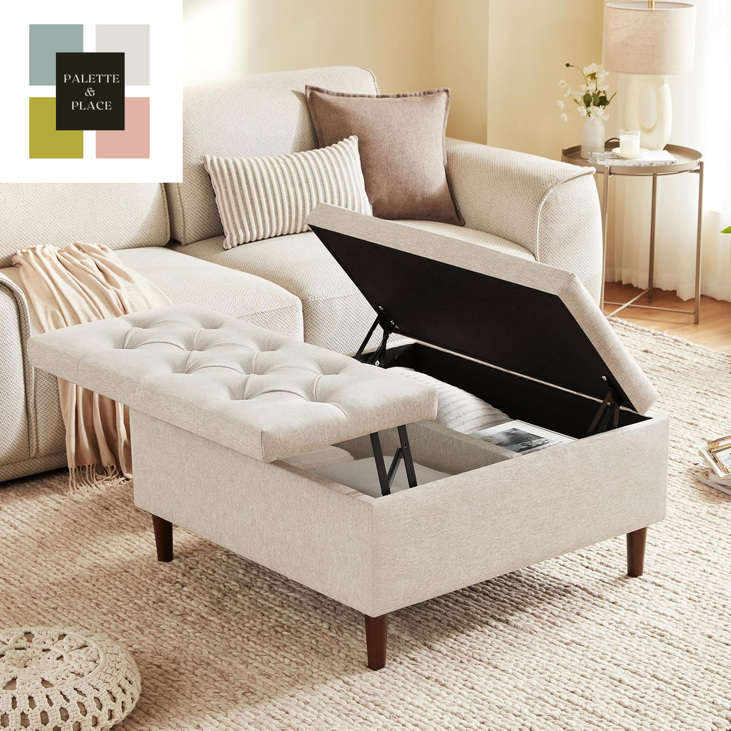 35 Inch Extra Large Storage Ottoman Coffee Table, No Assembly Required, Oversized Square Ottoman with Storage, Tufted Upholstered Ottomans Coffee Table for Living Room (Fabric, Dark Grey)