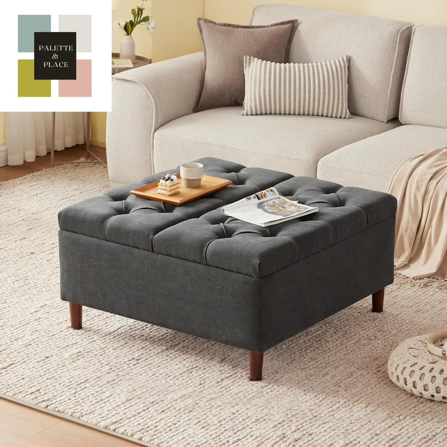 35 Inch Extra Large Storage Ottoman Coffee Table, No Assembly Required, Oversized Square Ottoman with Storage, Tufted Upholstered Ottomans Coffee Table for Living Room (Fabric, Dark Grey)