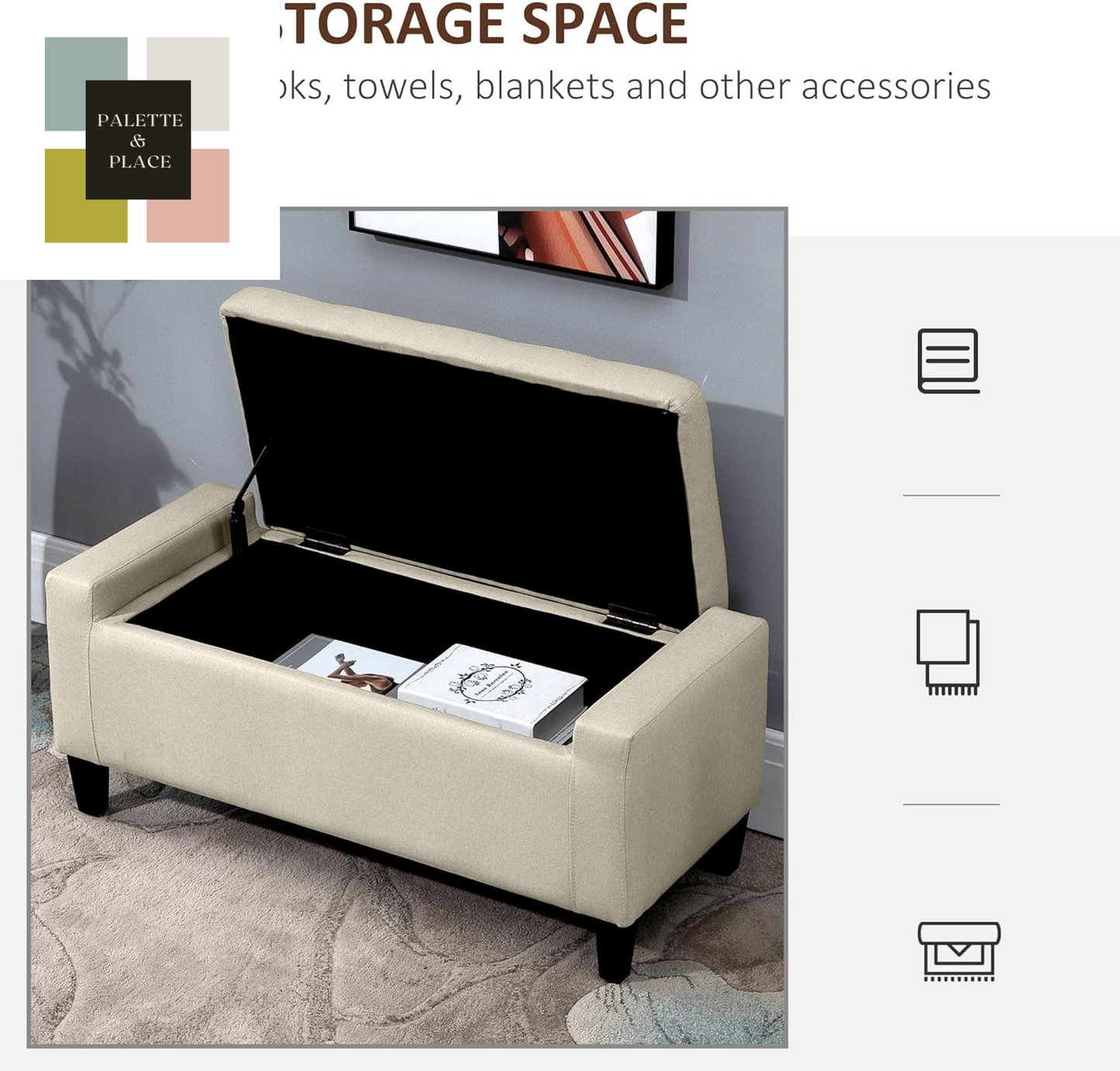 HOMCOM Storage Ottoman, Linen Upholstered Storage Bench with Lift Top and Button Tufted for Living Room, Beige