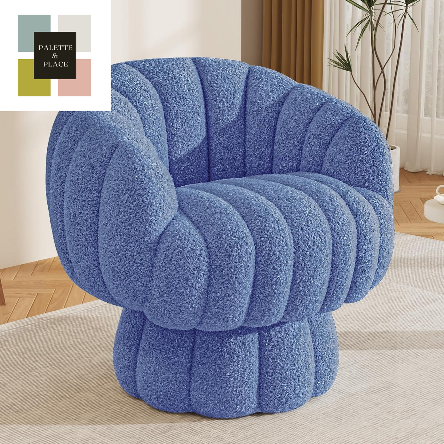 Mid Century Modern 360 Degree Barrel Swivel Accent Sofa Chair,Fluffy Velvet Fabric Lounge Wide Upholstered Pumpkin Reading Chair, round Cloud Armchair for Living Room,Bedroom,Vanity(Beige)