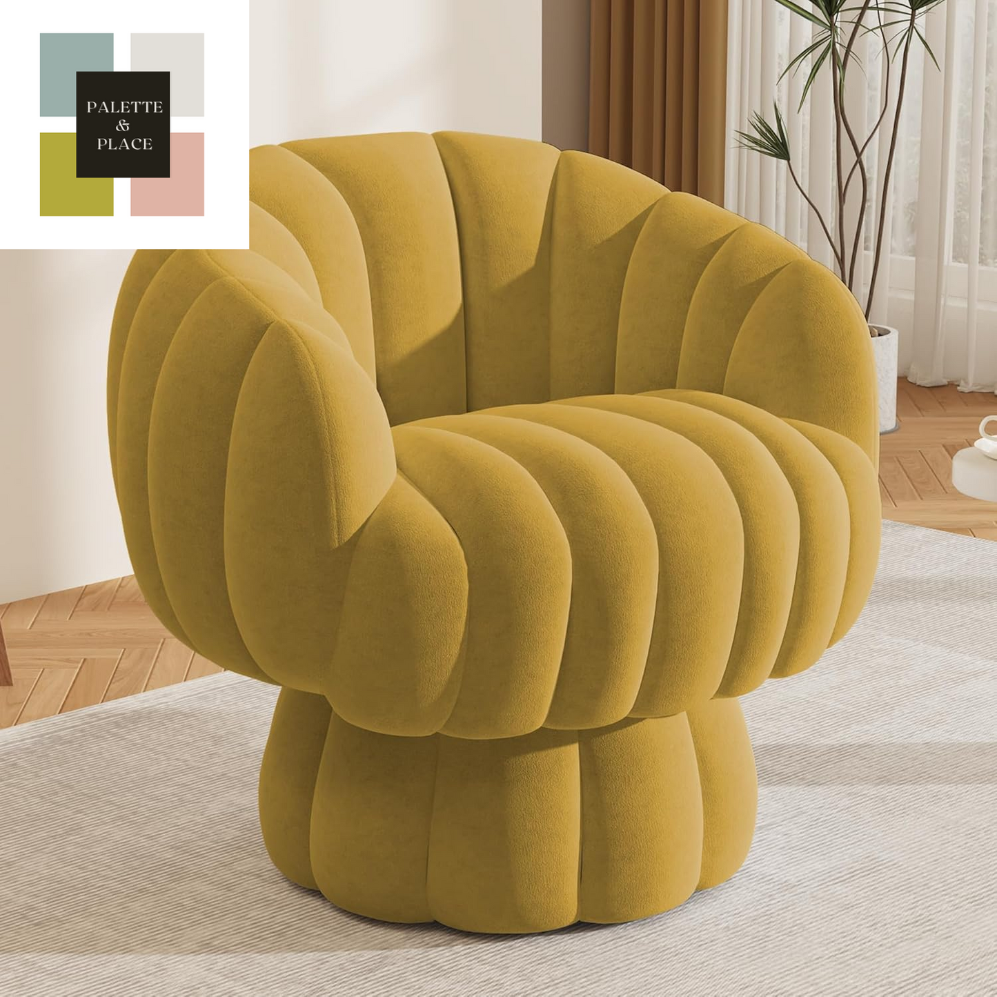 Mid Century Modern 360 Degree Barrel Swivel Accent Sofa Chair,Fluffy Velvet Fabric Lounge Wide Upholstered Pumpkin Reading Chair, round Cloud Armchair for Living Room,Bedroom,Vanity(Beige)