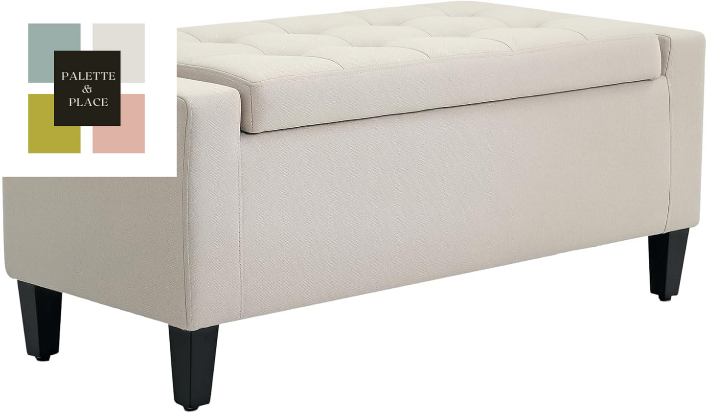 HOMCOM Storage Ottoman, Linen Upholstered Storage Bench with Lift Top and Button Tufted for Living Room, Beige