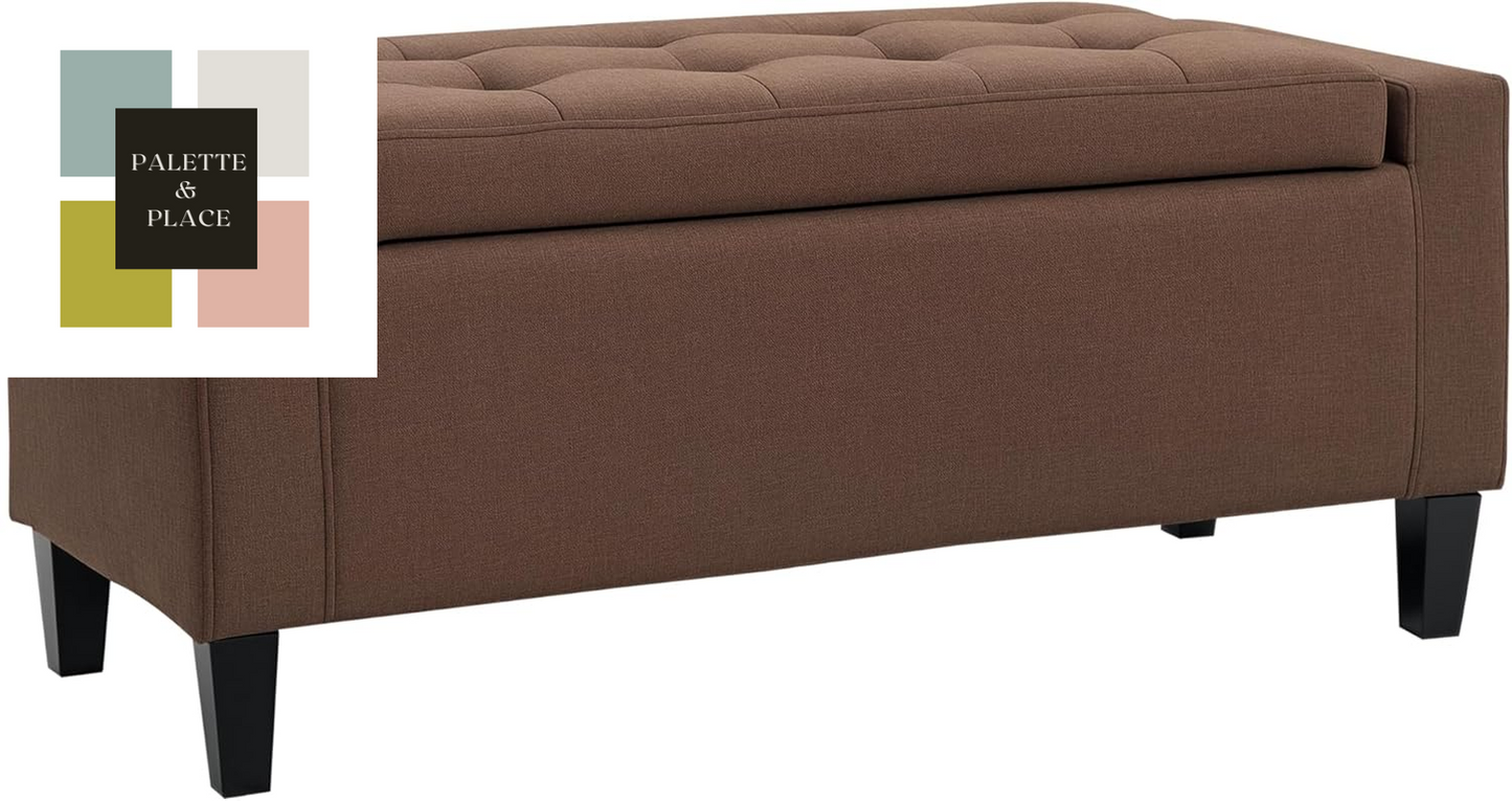 HOMCOM Storage Ottoman, Linen Upholstered Storage Bench with Lift Top and Button Tufted for Living Room, Beige