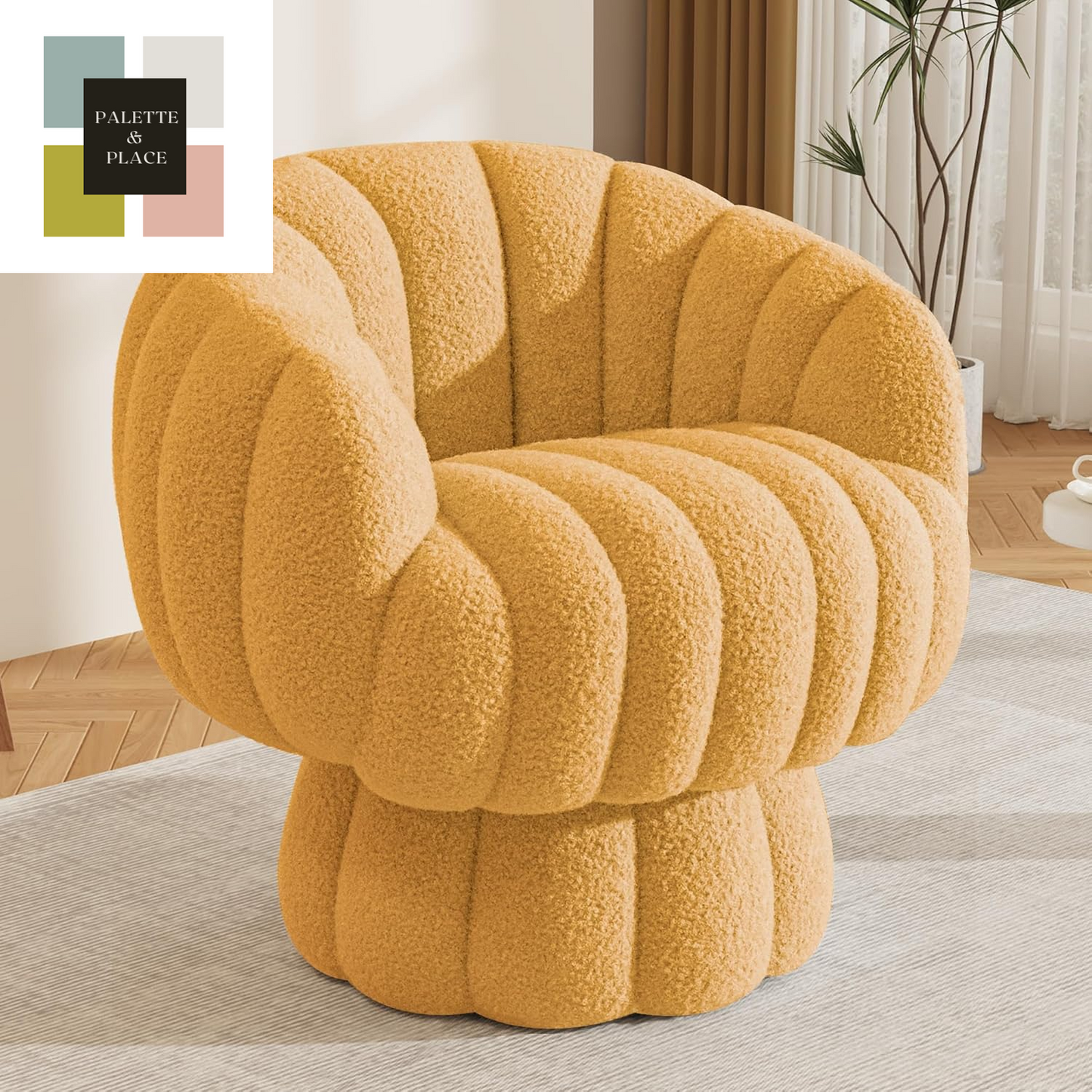 Mid Century Modern 360 Degree Barrel Swivel Accent Sofa Chair,Fluffy Velvet Fabric Lounge Wide Upholstered Pumpkin Reading Chair, round Cloud Armchair for Living Room,Bedroom,Vanity(Beige)