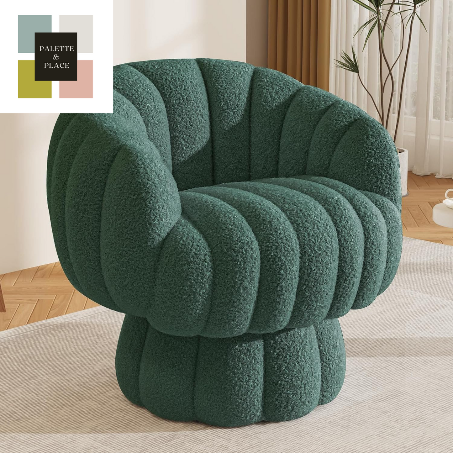 Mid Century Modern 360 Degree Barrel Swivel Accent Sofa Chair,Fluffy Velvet Fabric Lounge Wide Upholstered Pumpkin Reading Chair, round Cloud Armchair for Living Room,Bedroom,Vanity(Beige)