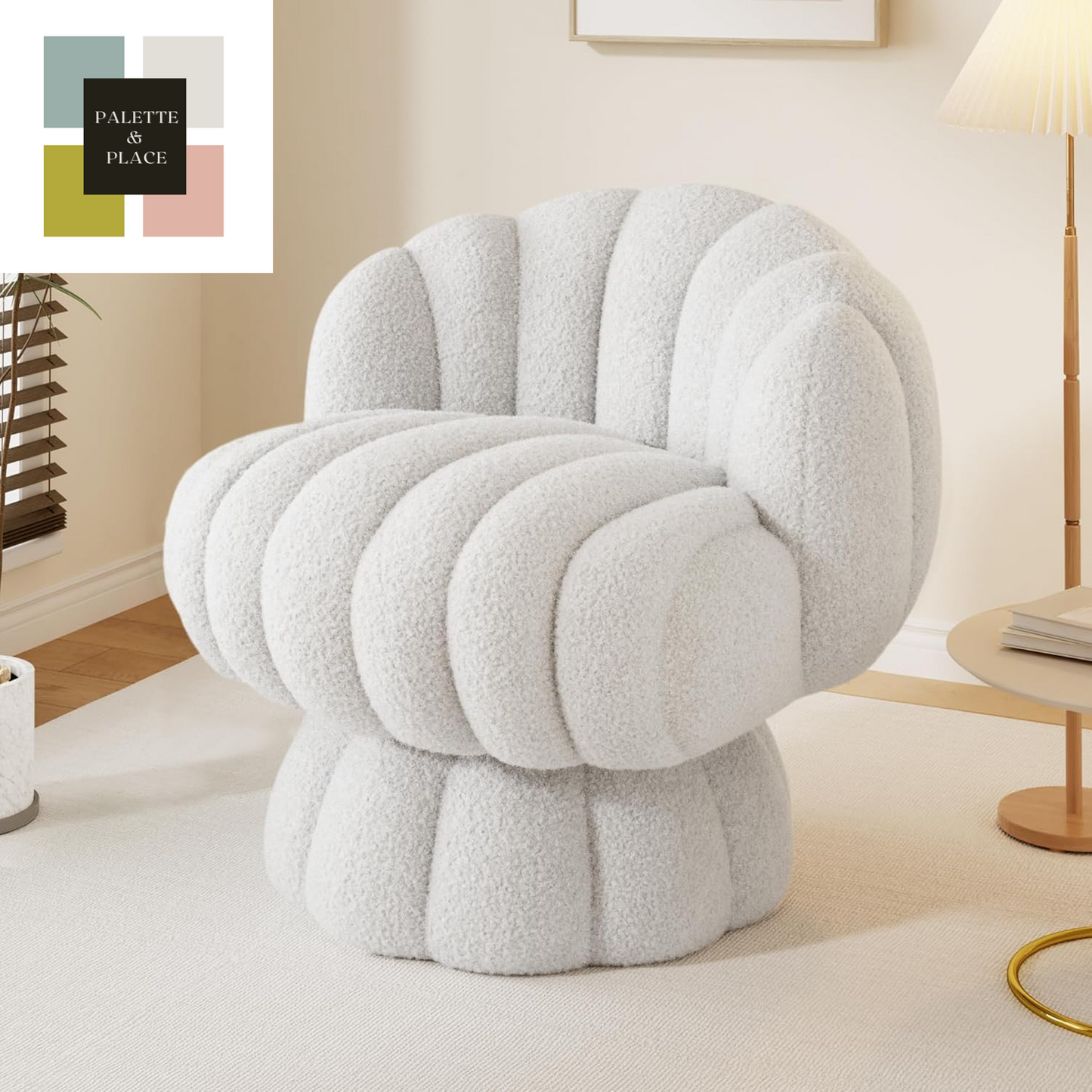 Mid Century Modern 360 Degree Barrel Swivel Accent Sofa Chair,Fluffy Velvet Fabric Lounge Wide Upholstered Pumpkin Reading Chair, round Cloud Armchair for Living Room,Bedroom,Vanity(Beige)