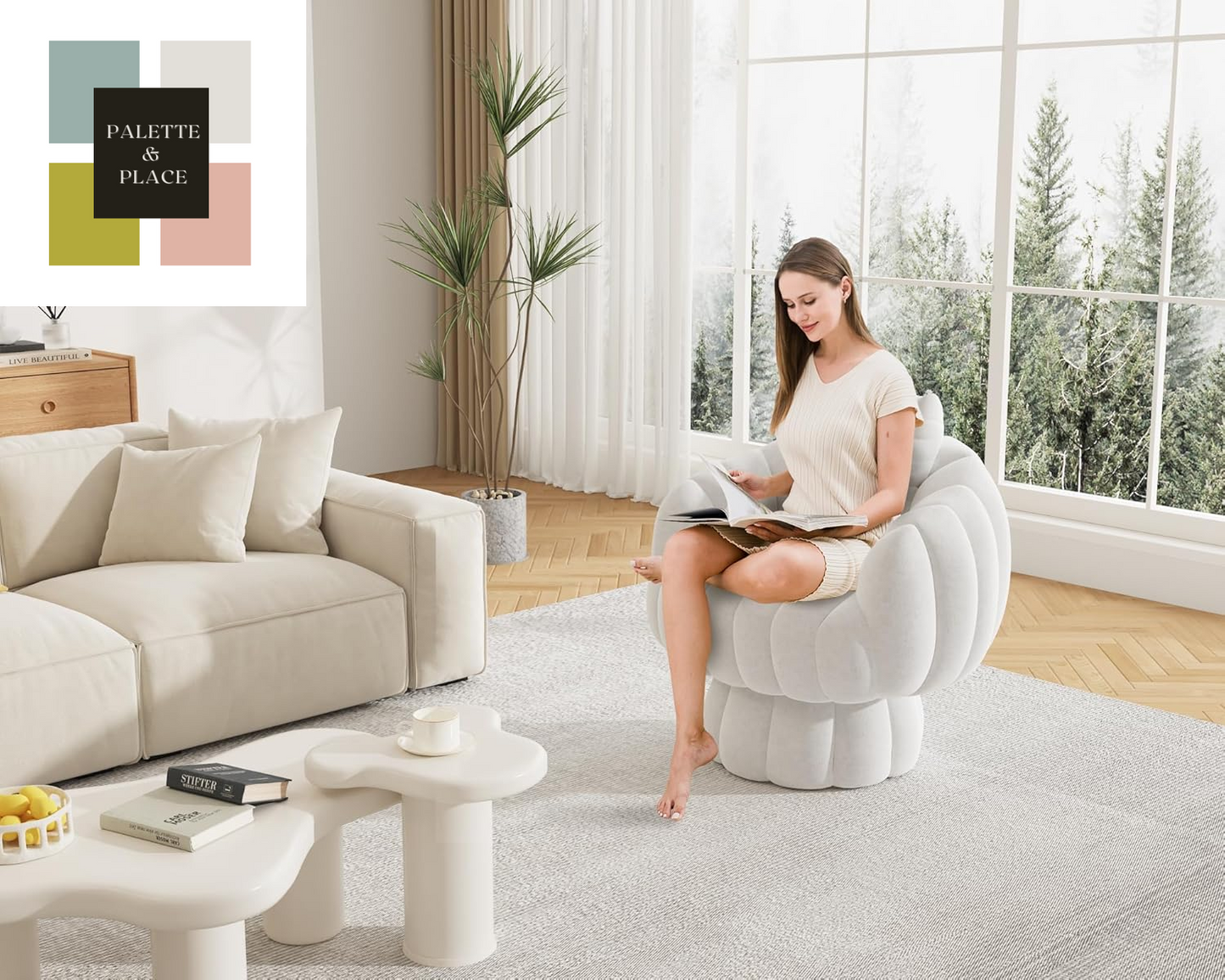 Mid Century Modern 360 Degree Barrel Swivel Accent Sofa Chair,Fluffy Velvet Fabric Lounge Wide Upholstered Pumpkin Reading Chair, round Cloud Armchair for Living Room,Bedroom,Vanity(Beige)