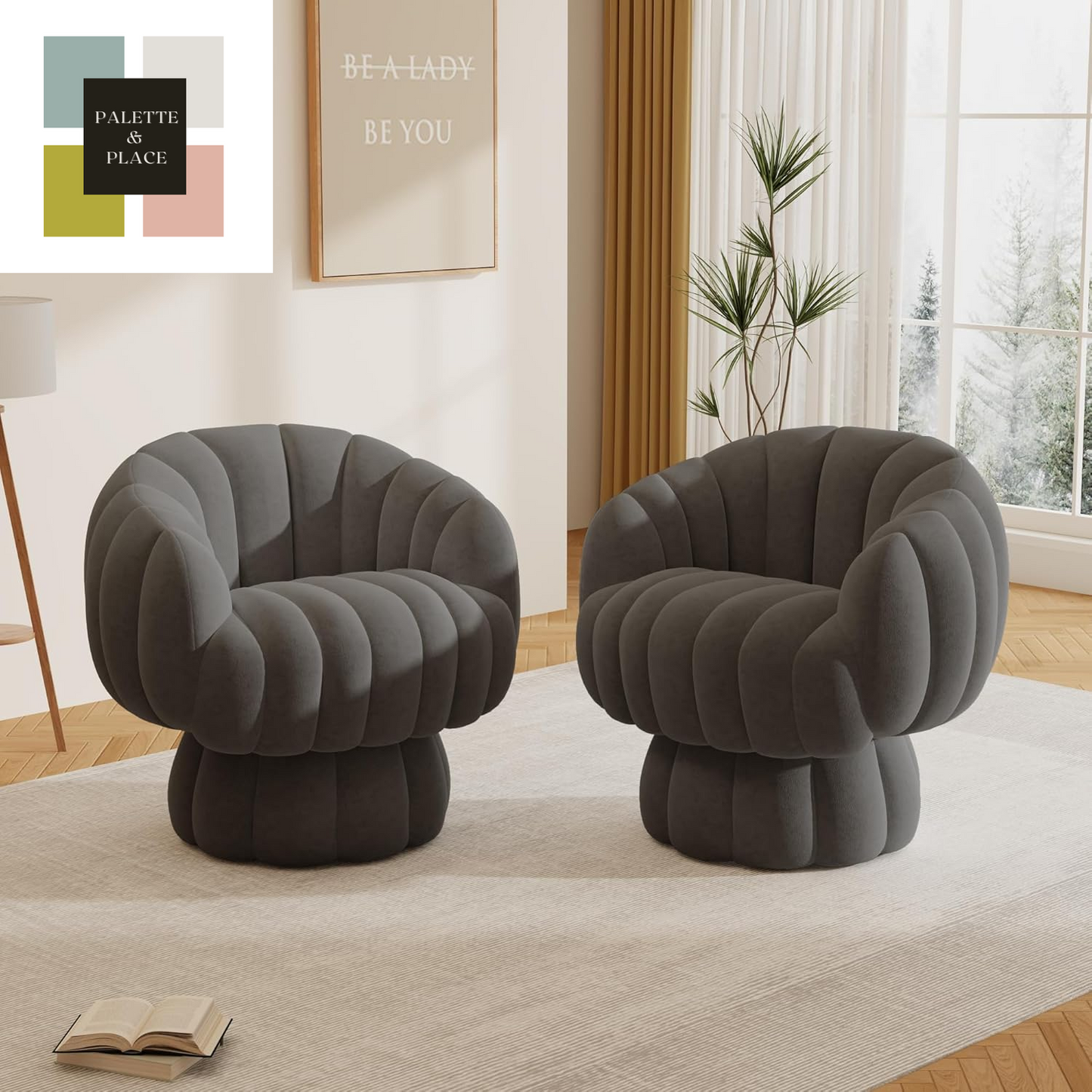 Mid Century Modern 360 Degree Barrel Swivel Accent Sofa Chair,Fluffy Velvet Fabric Lounge Wide Upholstered Pumpkin Reading Chair, round Cloud Armchair for Living Room,Bedroom,Vanity(Beige)