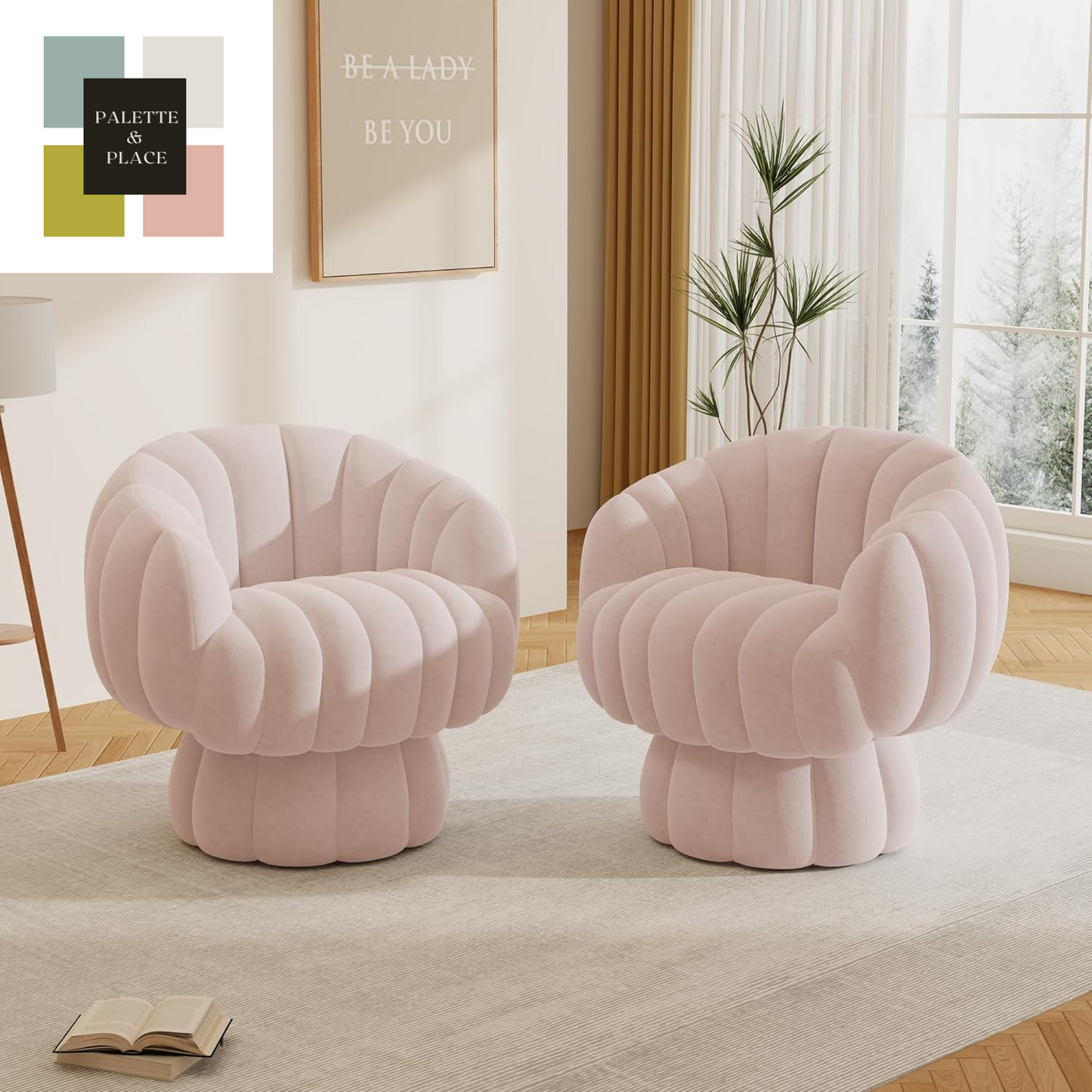 Mid Century Modern 360 Degree Barrel Swivel Accent Sofa Chair,Fluffy Velvet Fabric Lounge Wide Upholstered Pumpkin Reading Chair, round Cloud Armchair for Living Room,Bedroom,Vanity(Beige)