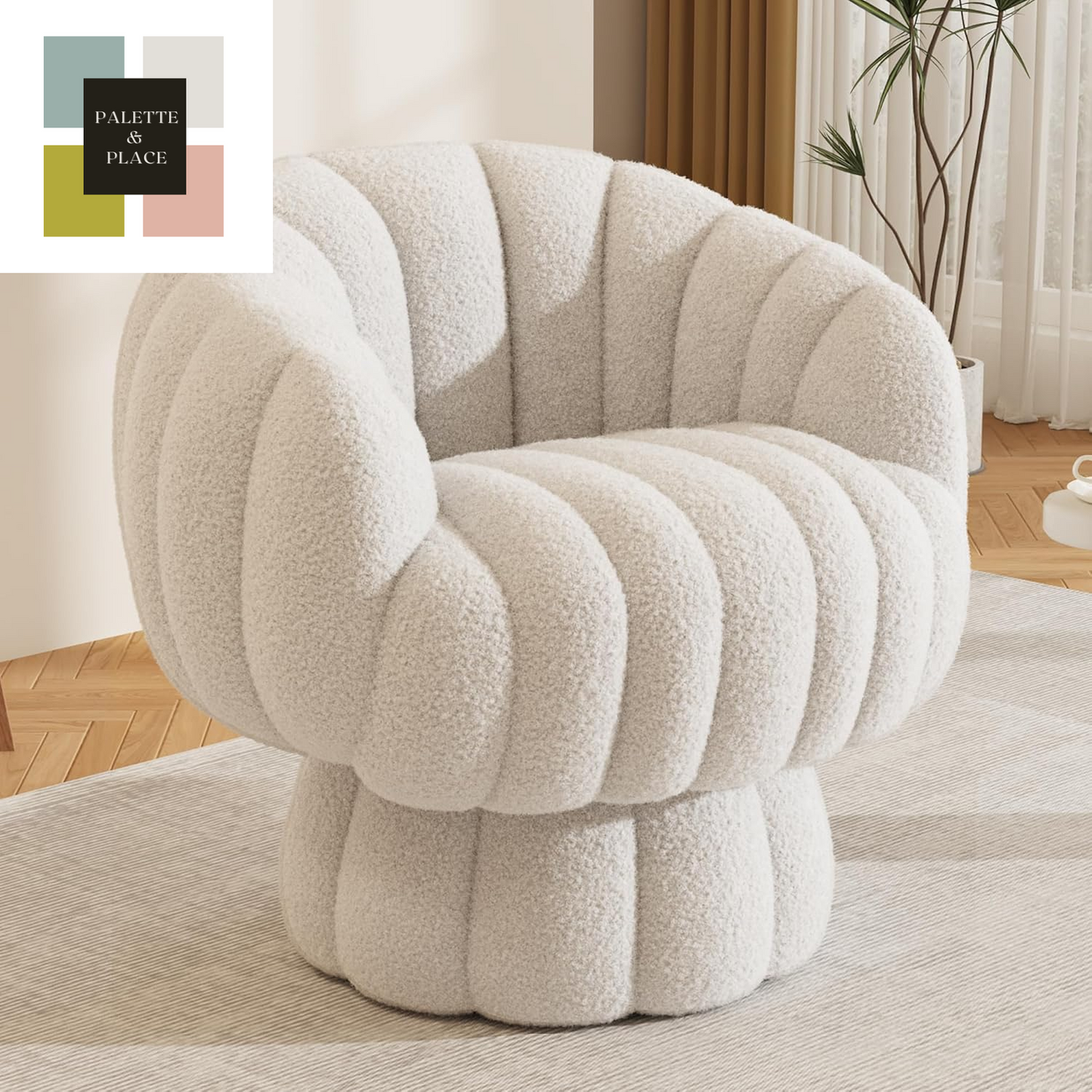 Mid Century Modern 360 Degree Barrel Swivel Accent Sofa Chair,Fluffy Velvet Fabric Lounge Wide Upholstered Pumpkin Reading Chair, round Cloud Armchair for Living Room,Bedroom,Vanity(Beige)