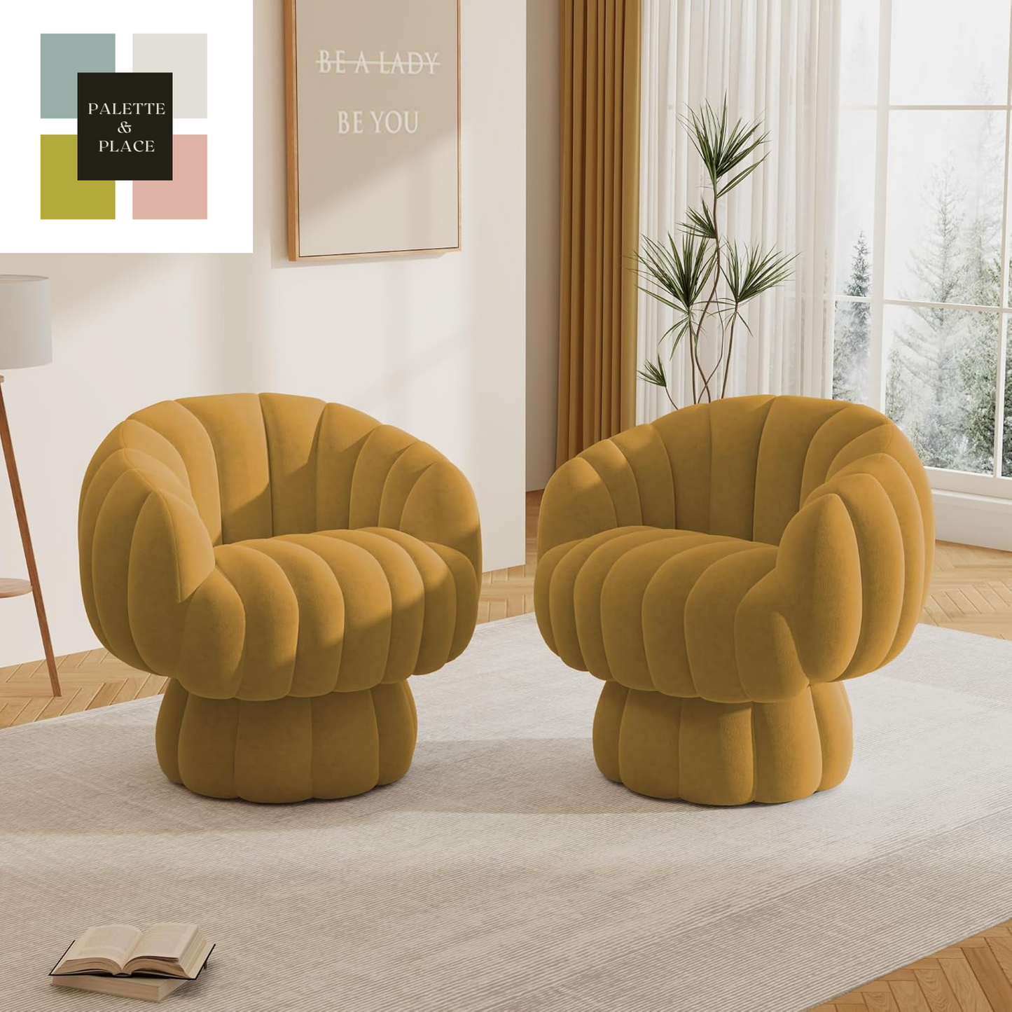 Mid Century Modern 360 Degree Barrel Swivel Accent Sofa Chair,Fluffy Velvet Fabric Lounge Wide Upholstered Pumpkin Reading Chair, round Cloud Armchair for Living Room,Bedroom,Vanity(Beige)