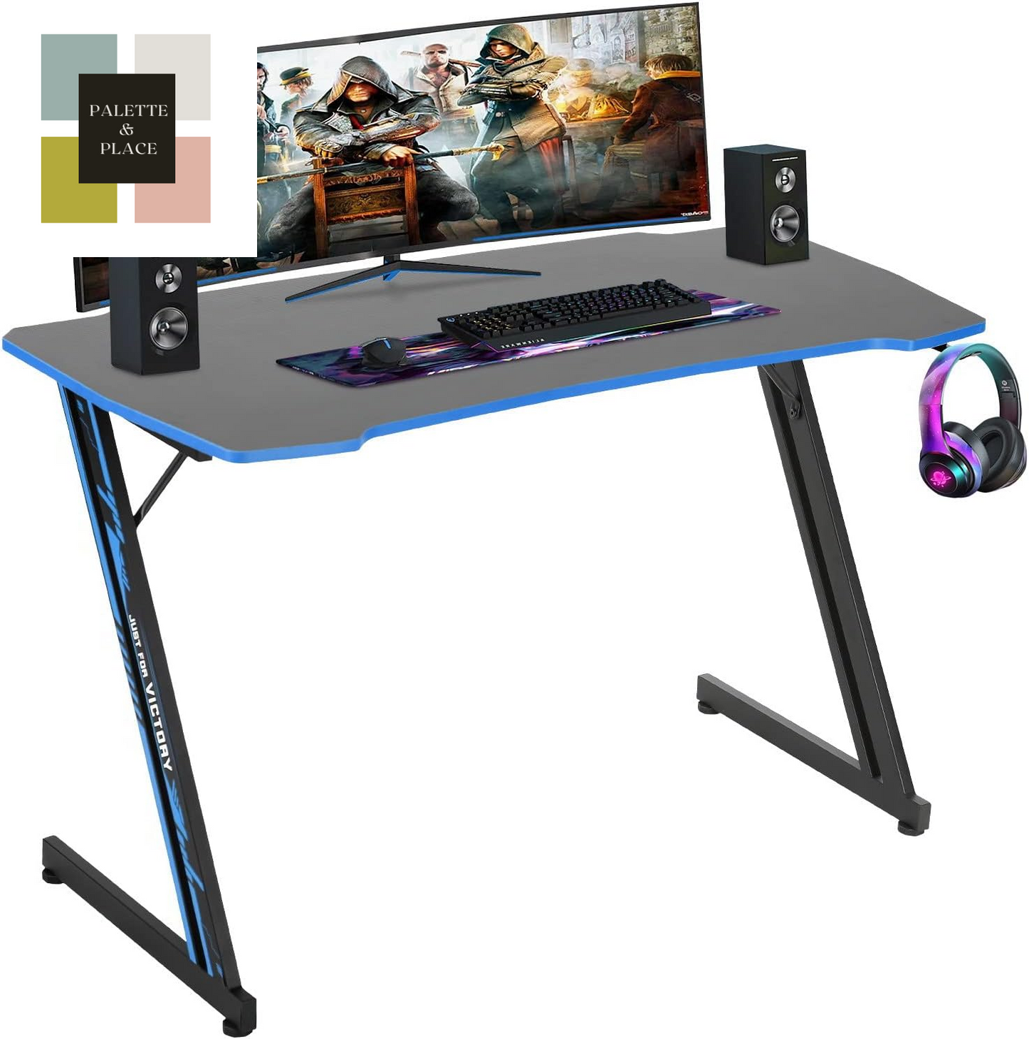 Bestoffice 39" Gmaing Desk Computer Gaming Desk Z Shaped Gaming Workstation Ergonomic Gaming Table with Headphone Hook for Game Players (Red)