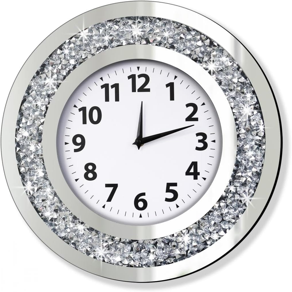 Crystal Crushed Diamond Mirrored round Wall Clock 16X16X2 Inches for Wall Decoration Silver Glass Mirror Clock Sparkle Twinkle Bling Home Decor. AA Battery Is Not Included.