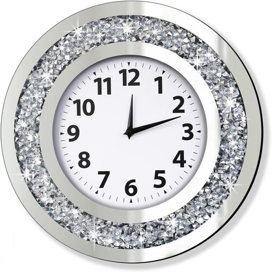 Crystal Crushed Diamond Mirrored round Wall Clock 16X16X2 Inches for Wall Decoration Silver Glass Mirror Clock Sparkle Twinkle Bling Home Decor. AA Battery Is Not Included.