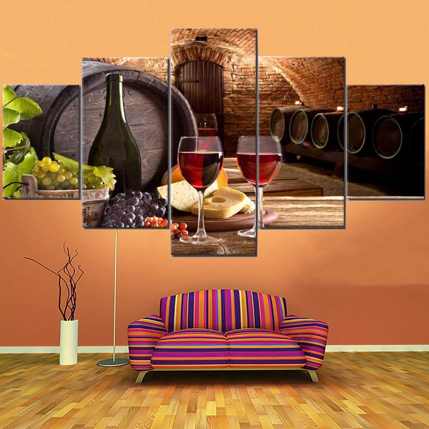 Wine Wall Art Decor for Kitchen Dining Room Grapes Fruit Canvas Wine Bottle Pictures 5 Piece Paintings Modern Artwork Decorations Cellar with Barrel and Glass Wooden Framed
