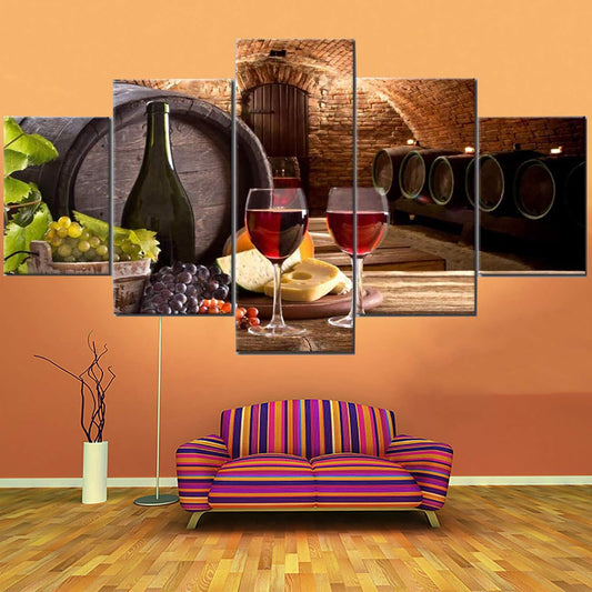 Wine Wall Art Decor for Kitchen Dining Room Grapes Fruit Canvas Wine Bottle Pictures 5 Piece Paintings Modern Artwork Decorations Cellar with Barrel and Glass Wooden Framed