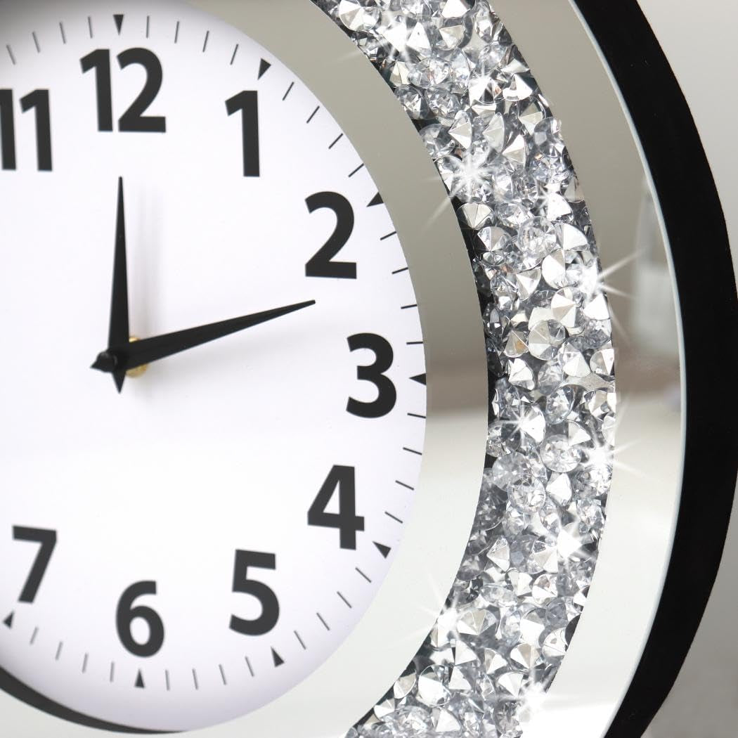Crystal Crushed Diamond Mirrored round Wall Clock 16X16X2 Inches for Wall Decoration Silver Glass Mirror Clock Sparkle Twinkle Bling Home Decor. AA Battery Is Not Included.