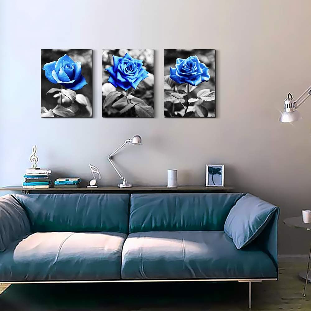 Bedroom Wall Art for Living Room Bathroom Wall Decor for Kitchen Family Pictures Artwork Black and White Blue Rose Flowers Canvas Paintings 12" X 16" 3 Pieces Framed Modern Office Home Decorations